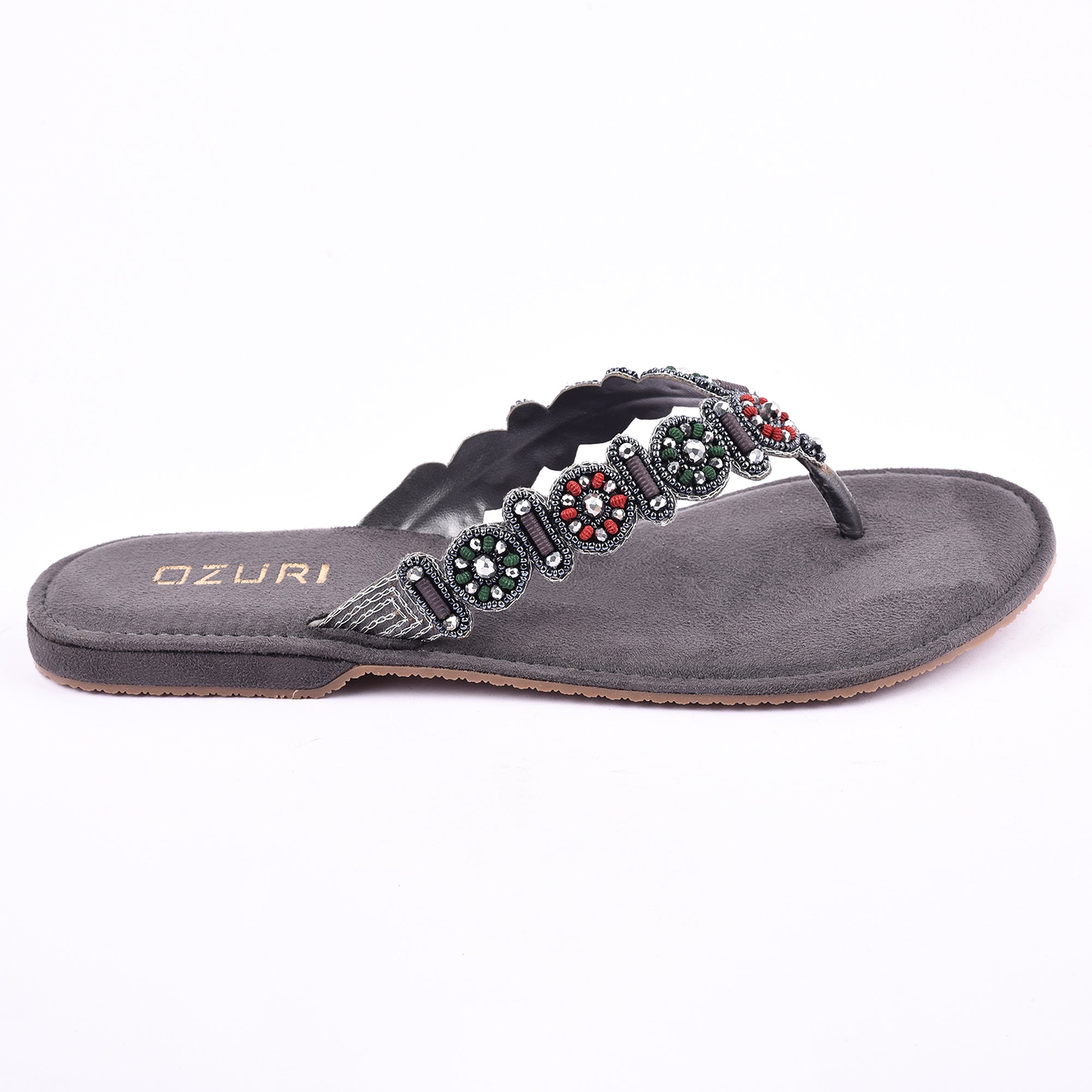OZURI Women’s Embellished Beaded Ethnic Flats – Stylish Comfortable Slip-On Sandals(10601)
