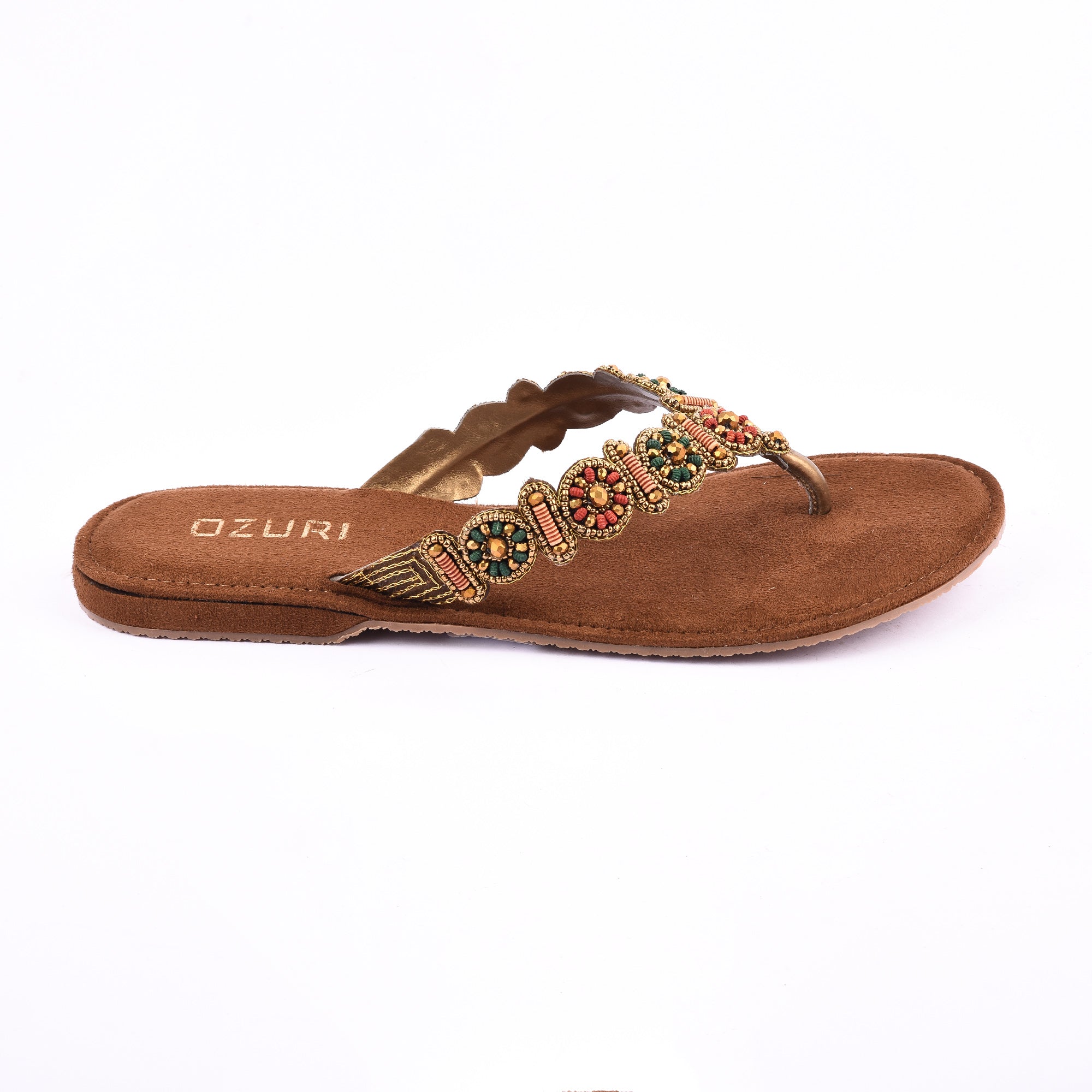 OZURI Women’s Embellished Beaded Ethnic Flats – Stylish Comfortable Slip-On Sandals(10601)