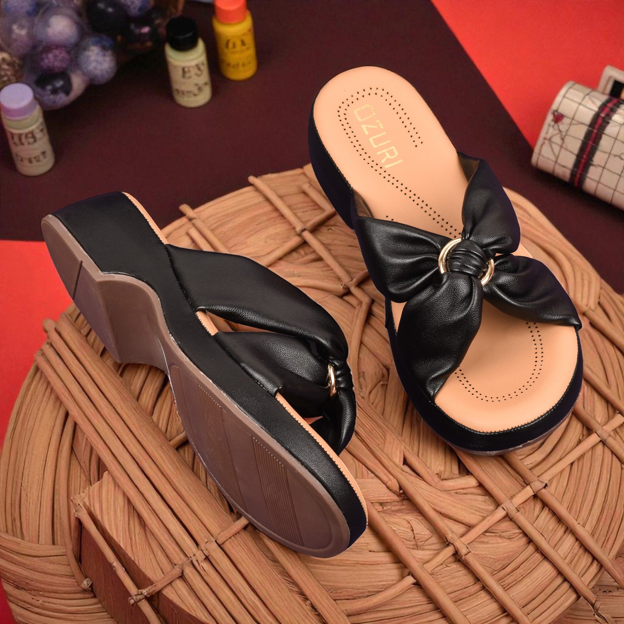 Ozuri Women’s Beige Bow Slip-On Wedges – Stylish & Comfortable Daily Wear