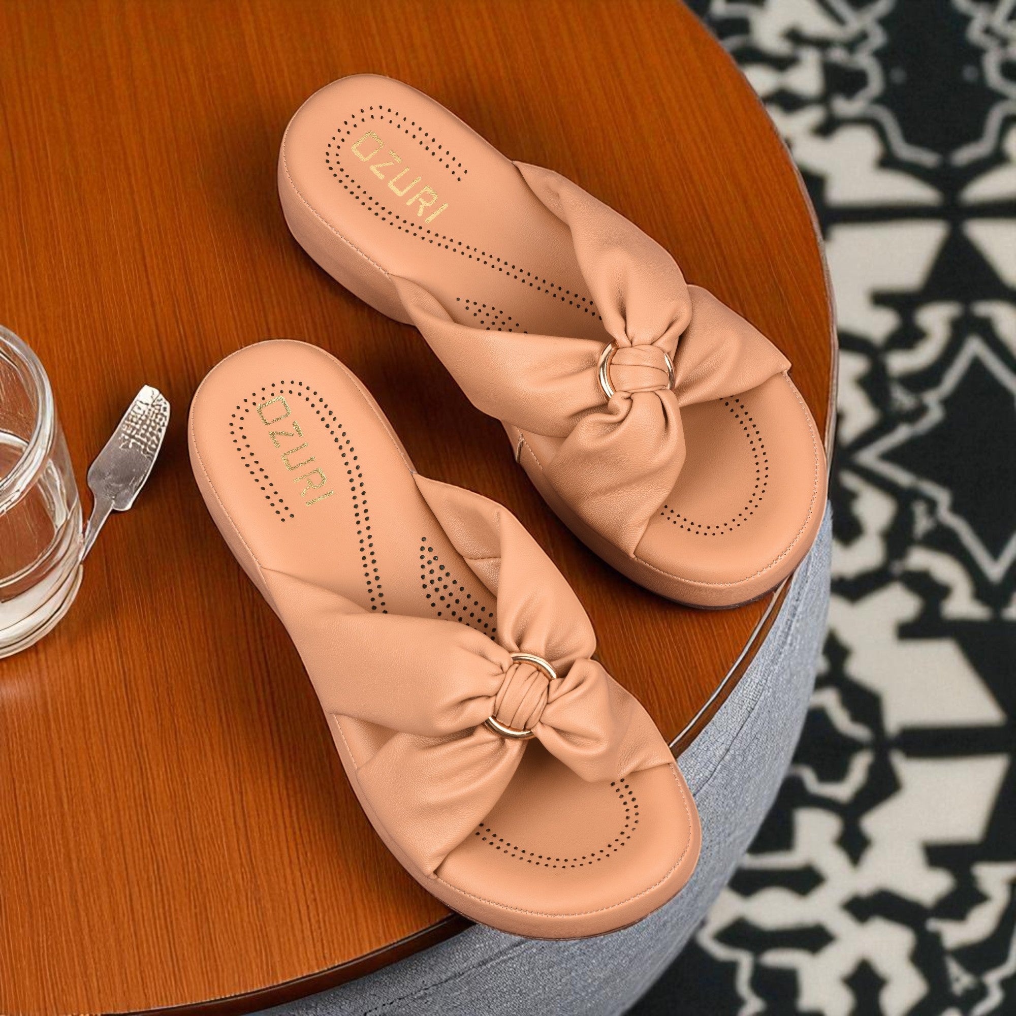Ozuri Women’s Beige Bow Slip-On Wedges – Stylish & Comfortable Daily Wear
