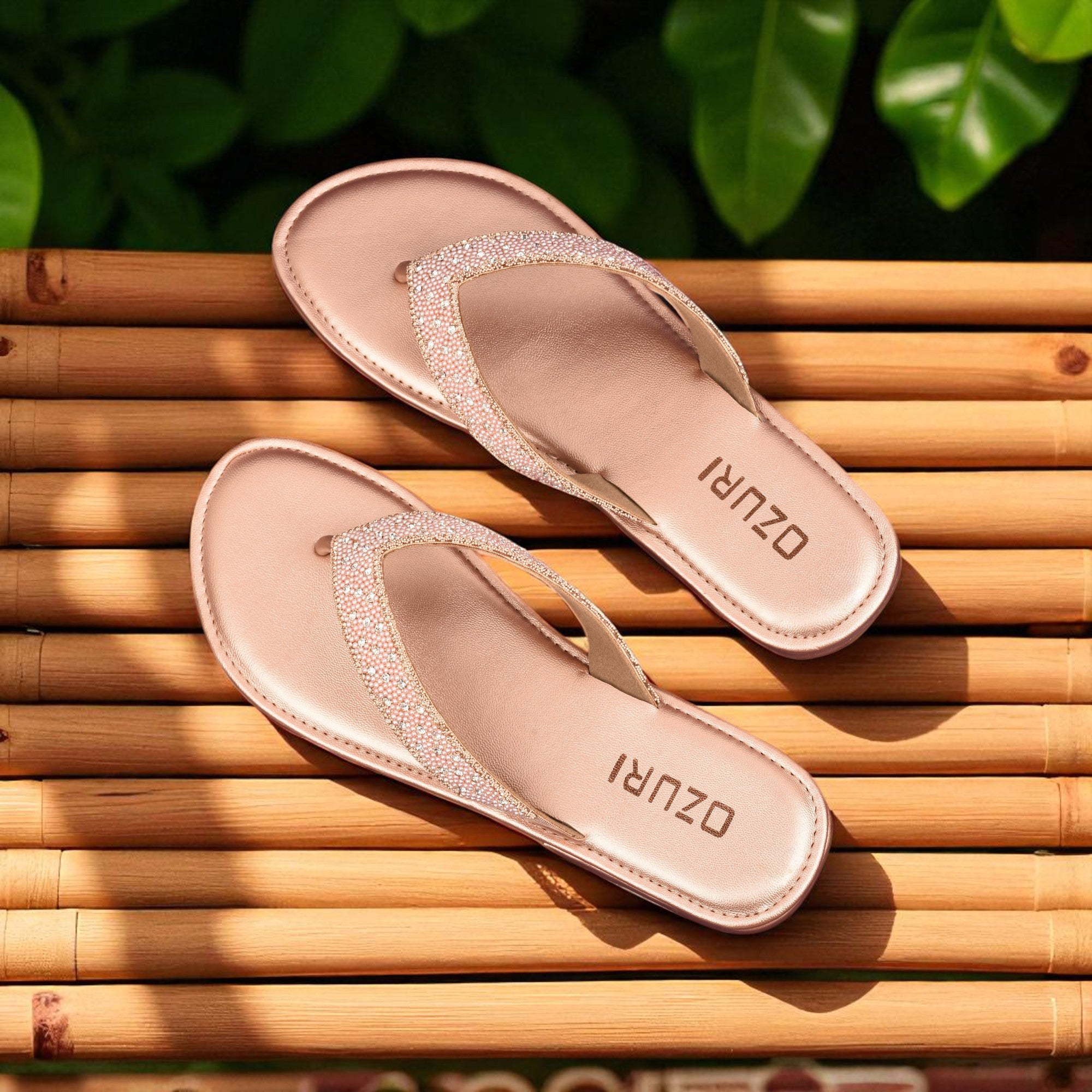 OZURI Women’s Stylish Embellished Flat Sandals – Comfortable Daily Wear Slip-On(10602)
