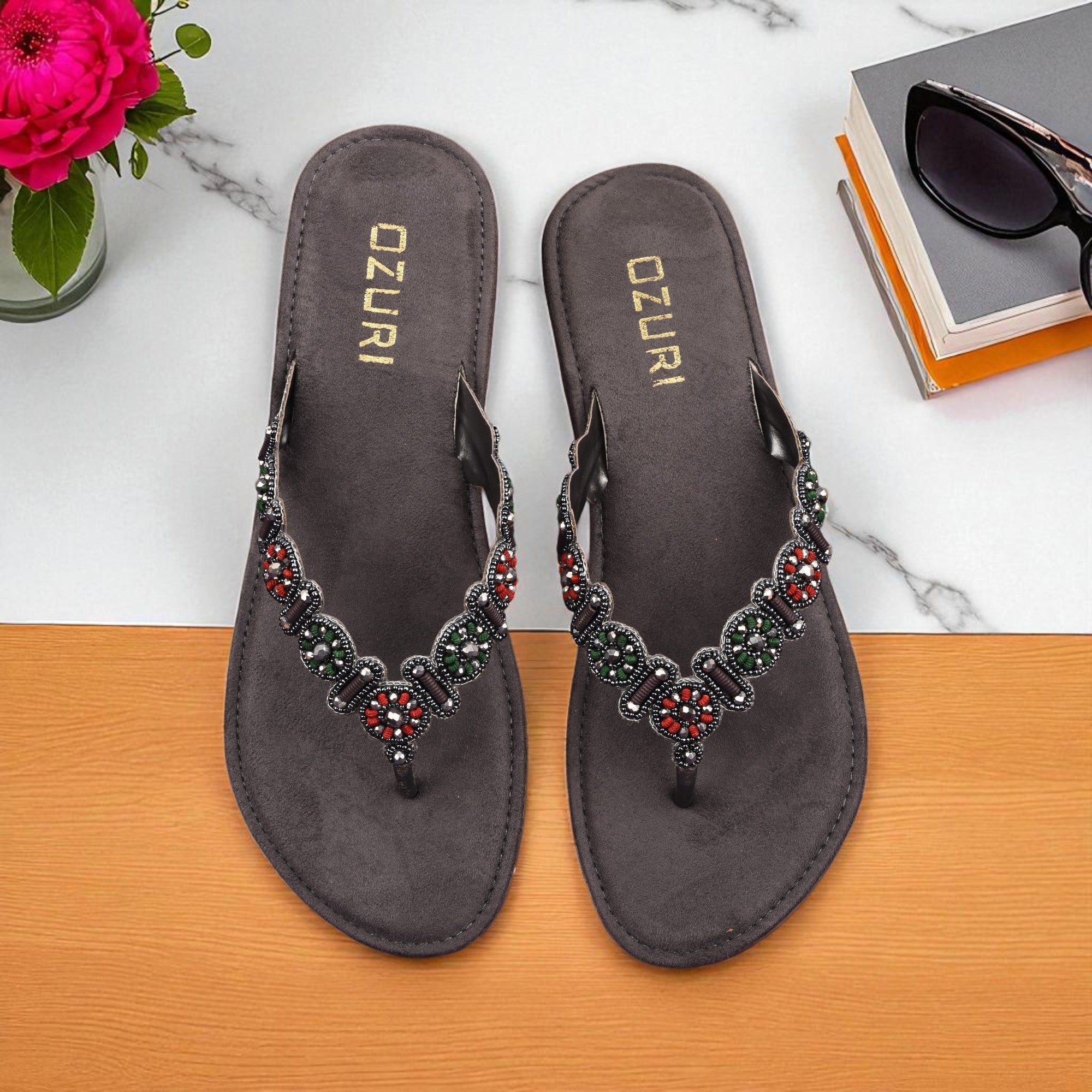 OZURI Women’s Embellished Beaded Ethnic Flats – Stylish Comfortable Slip-On Sandals(10601)