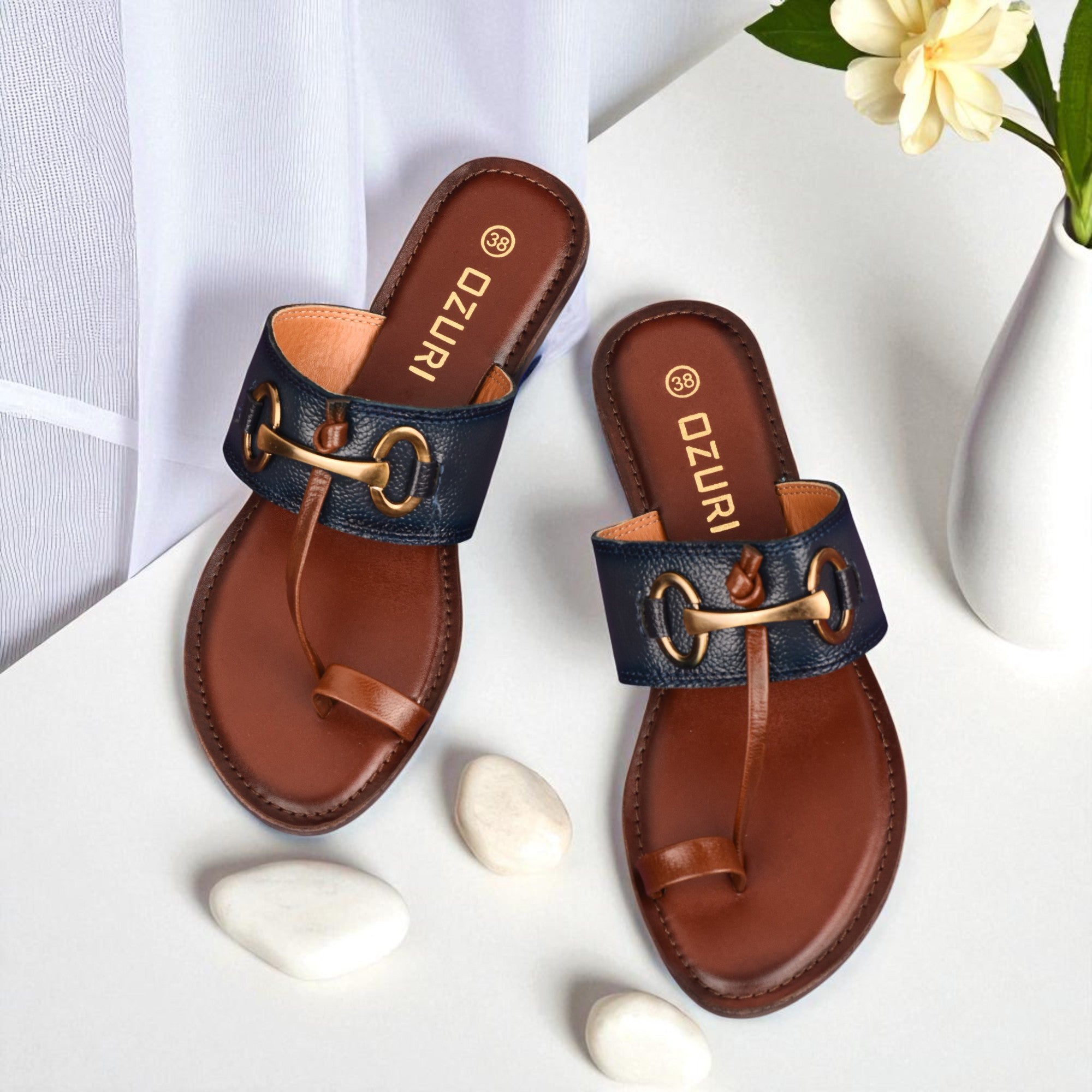 Ozuri Women’s Toe Loop Flat Sandals with Metal Buckle Detail