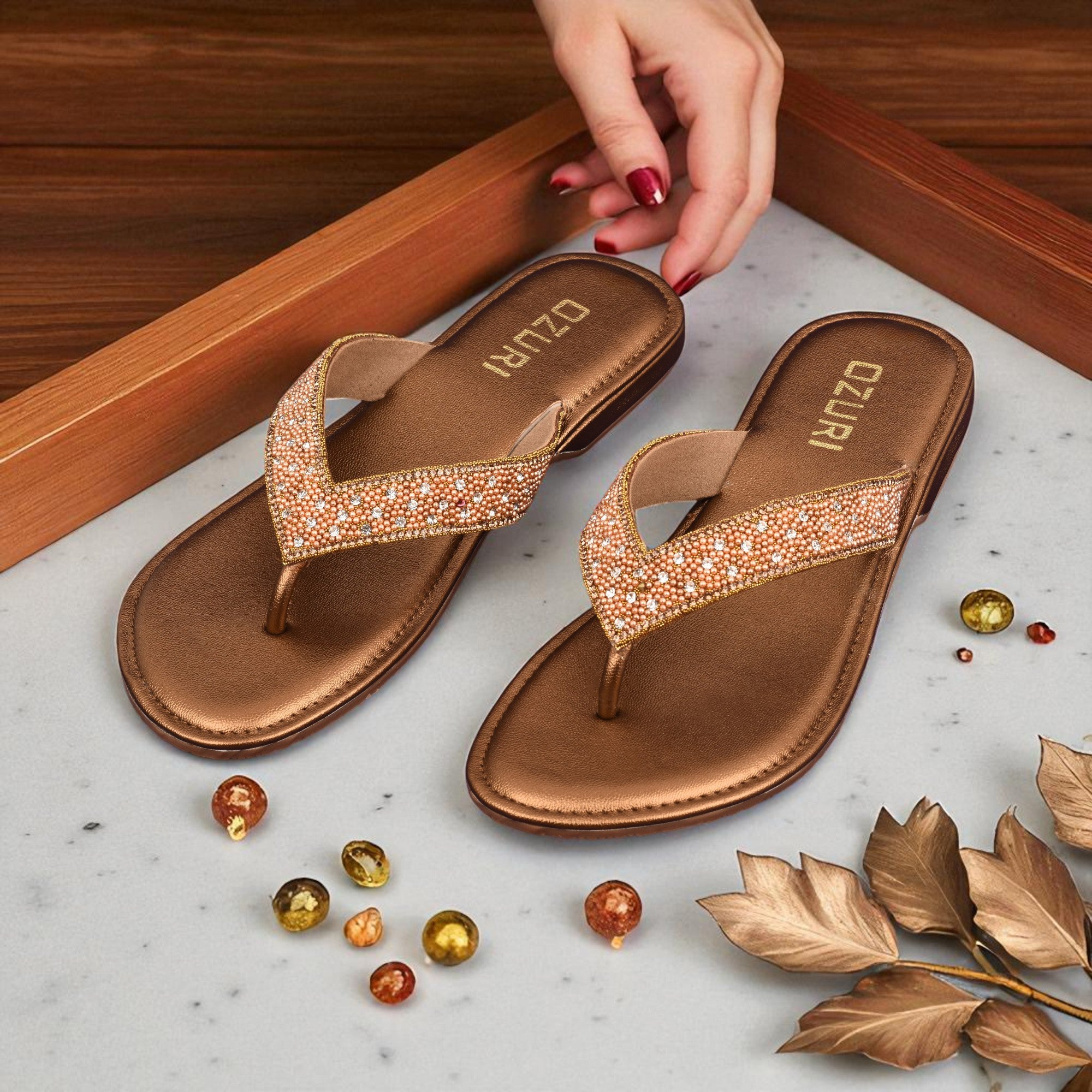 OZURI Women’s Stylish Embellished Flat Sandals – Comfortable Daily Wear Slip-On(10602)