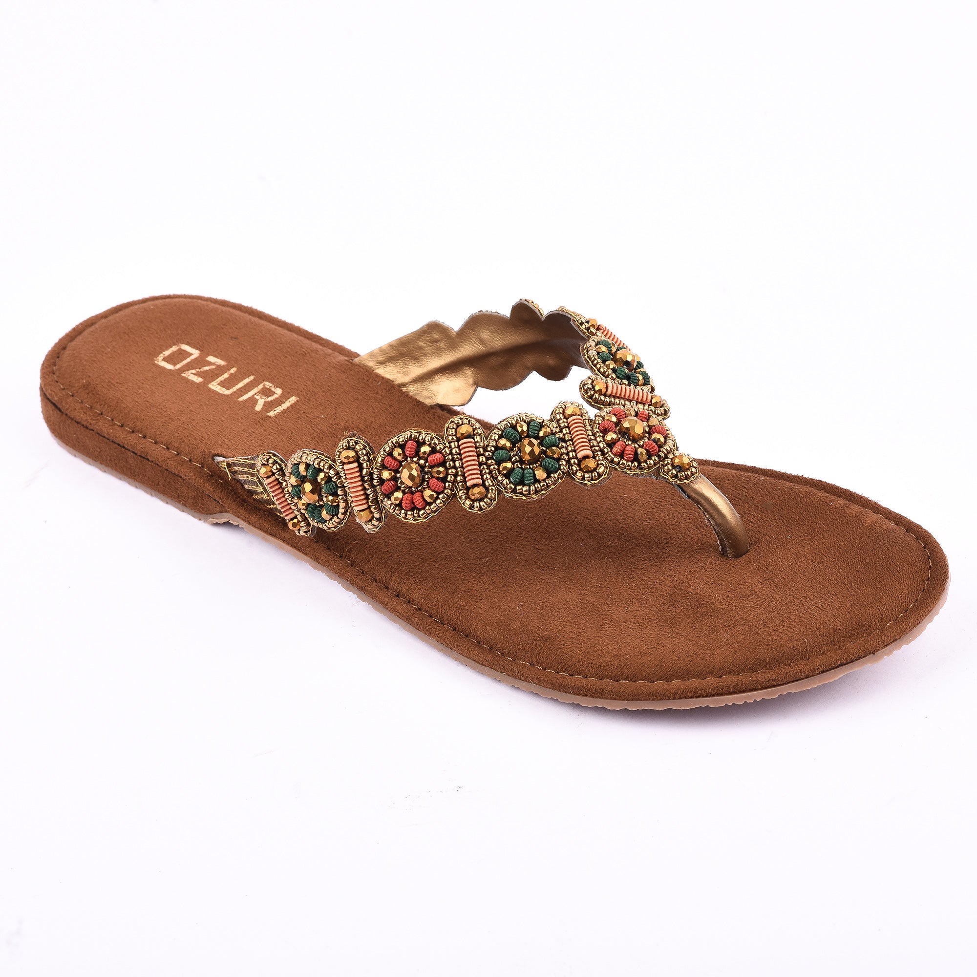 OZURI Women’s Embellished Beaded Ethnic Flats – Stylish Comfortable Slip-On Sandals(10601)