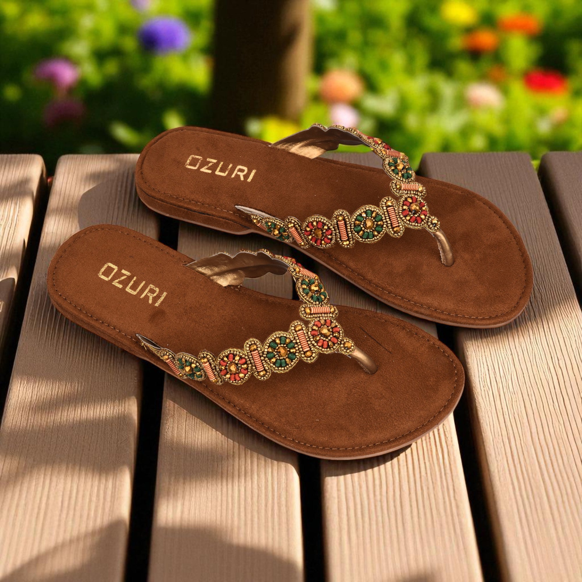 OZURI Women’s Embellished Beaded Ethnic Flats – Stylish Comfortable Slip-On Sandals(10601)