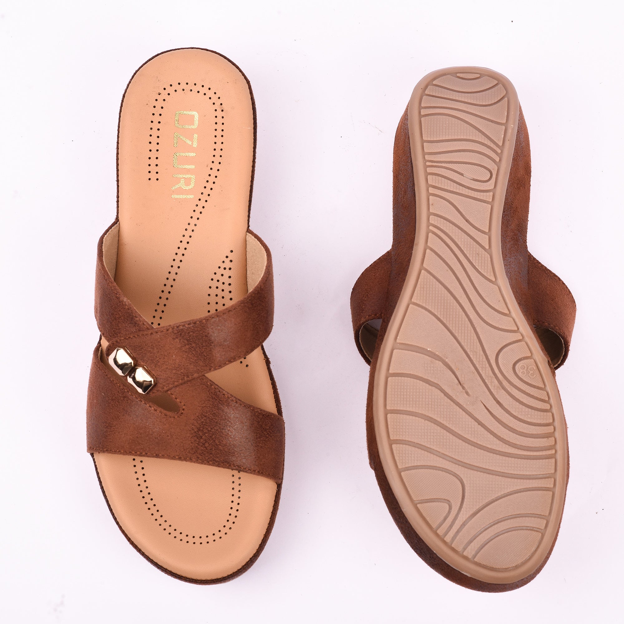 Women's Brown Cross-Strap Wedge Sandals with Gold Stud Accents