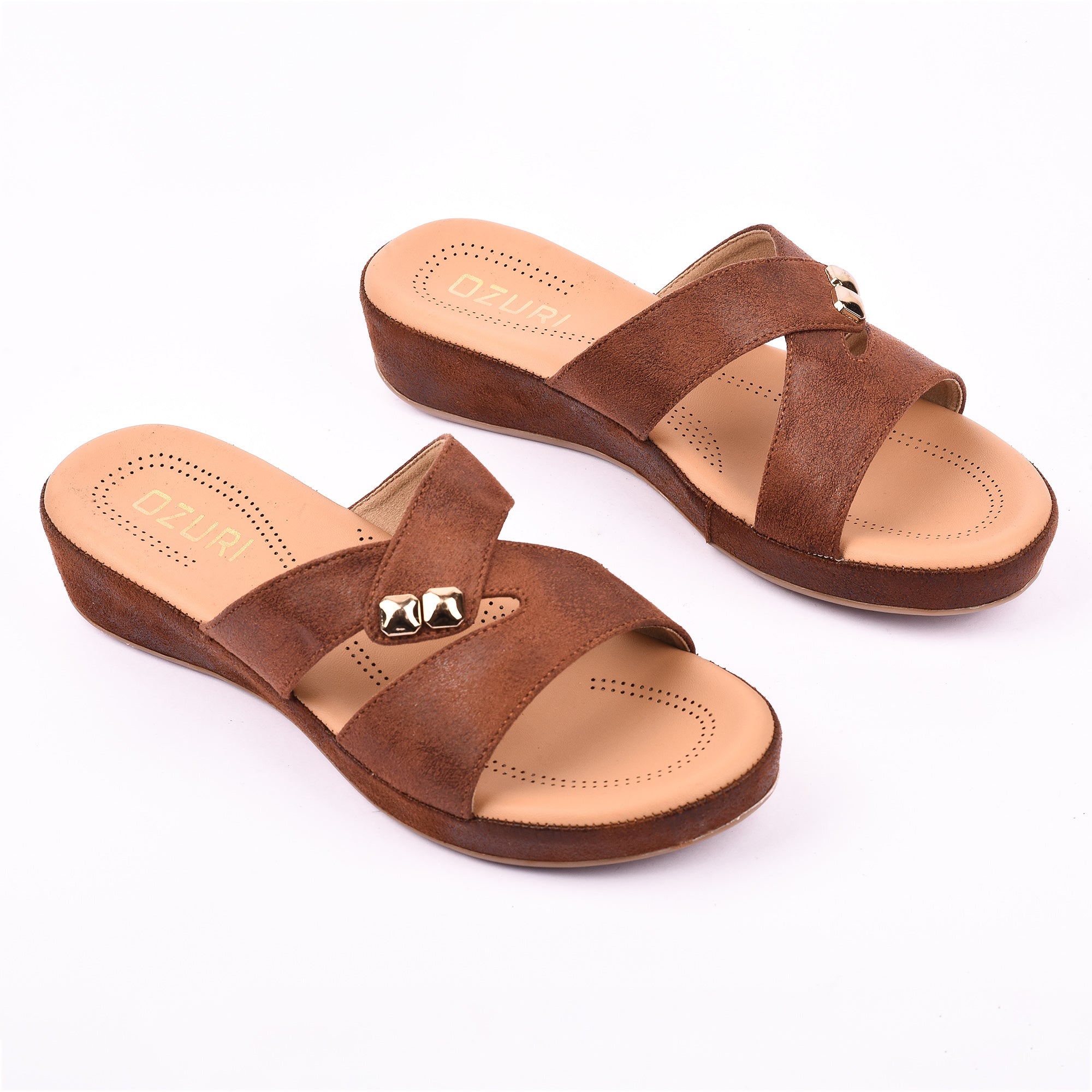 Women's Brown Cross-Strap Wedge Sandals with Gold Stud Accents