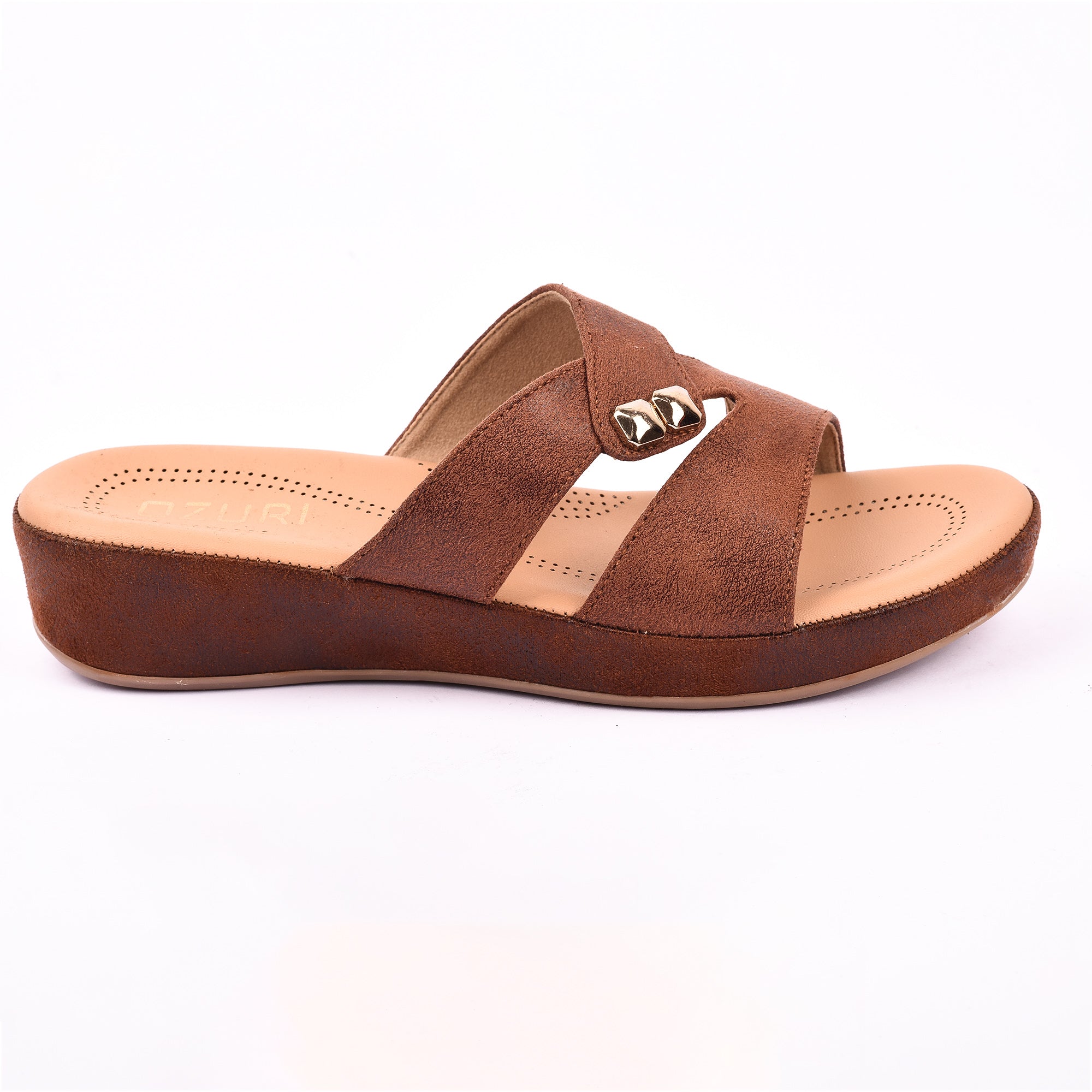 Women's Brown Cross-Strap Wedge Sandals with Gold Stud Accents