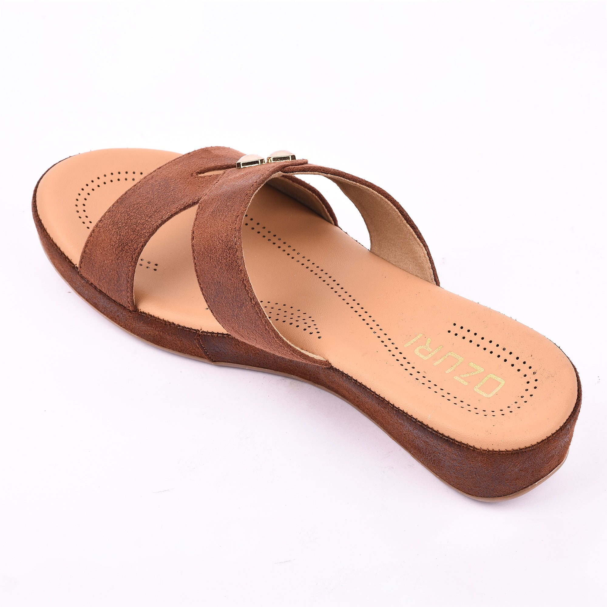 Women's Brown Cross-Strap Wedge Sandals with Gold Stud Accents