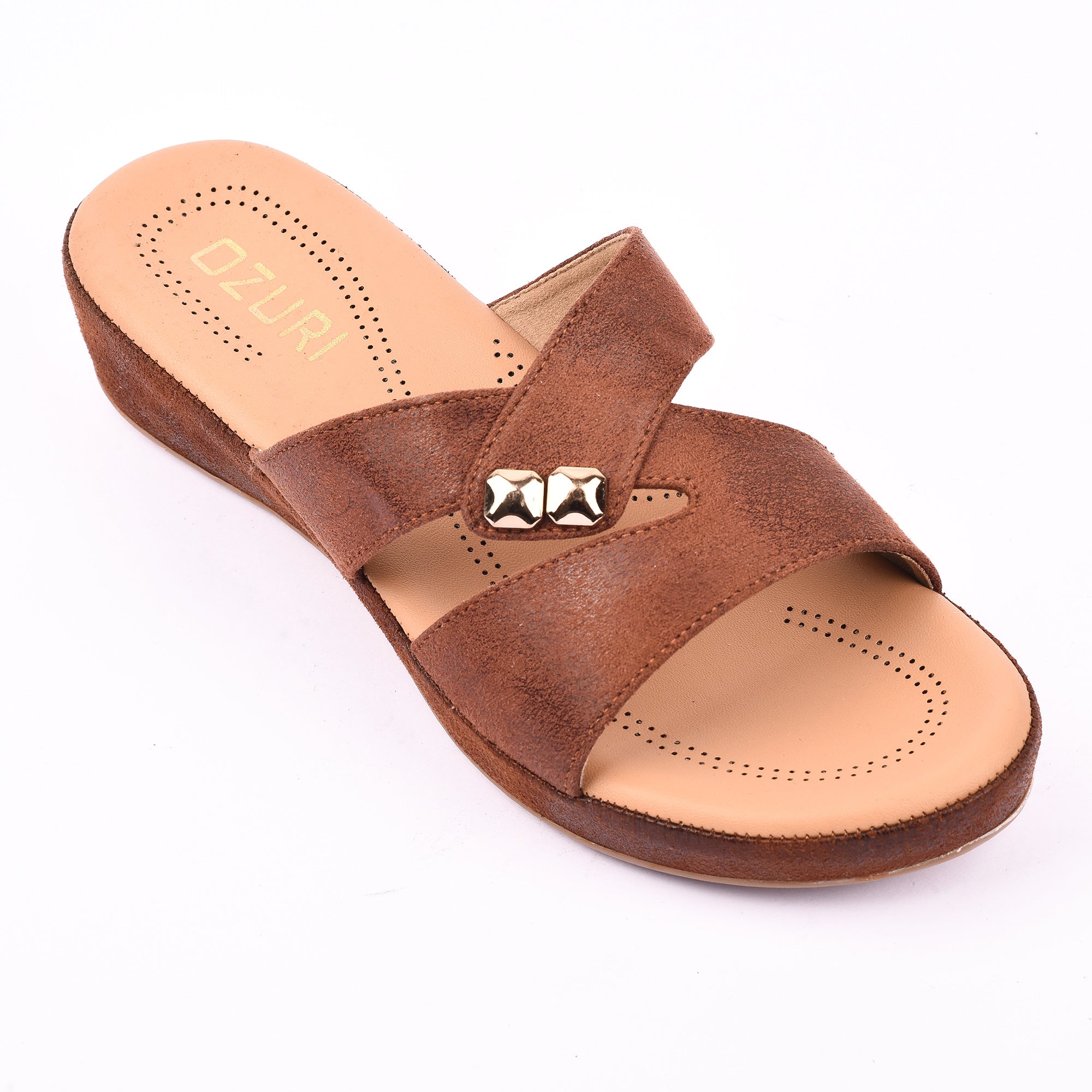 Women's Brown Cross-Strap Wedge Sandals with Gold Stud Accents