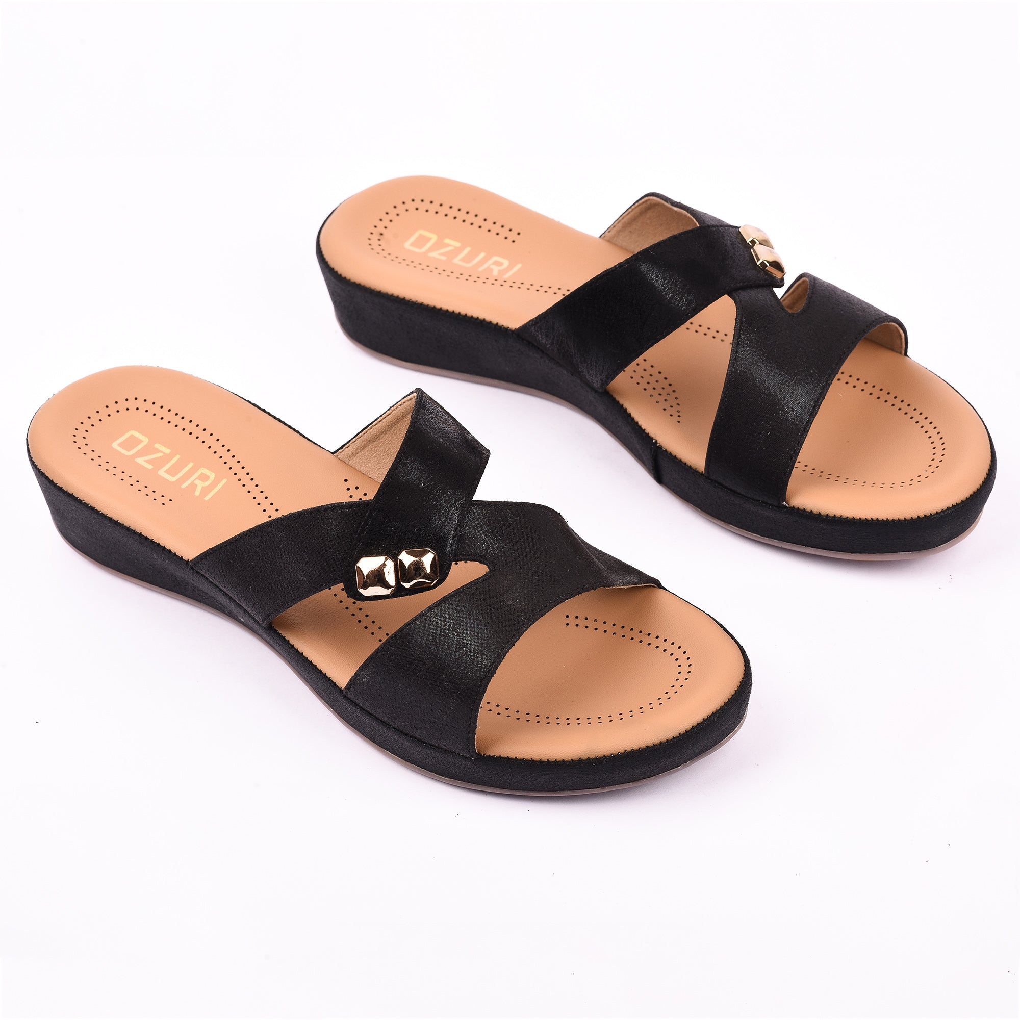 Women's Brown Cross-Strap Wedge Sandals with Gold Stud Accents