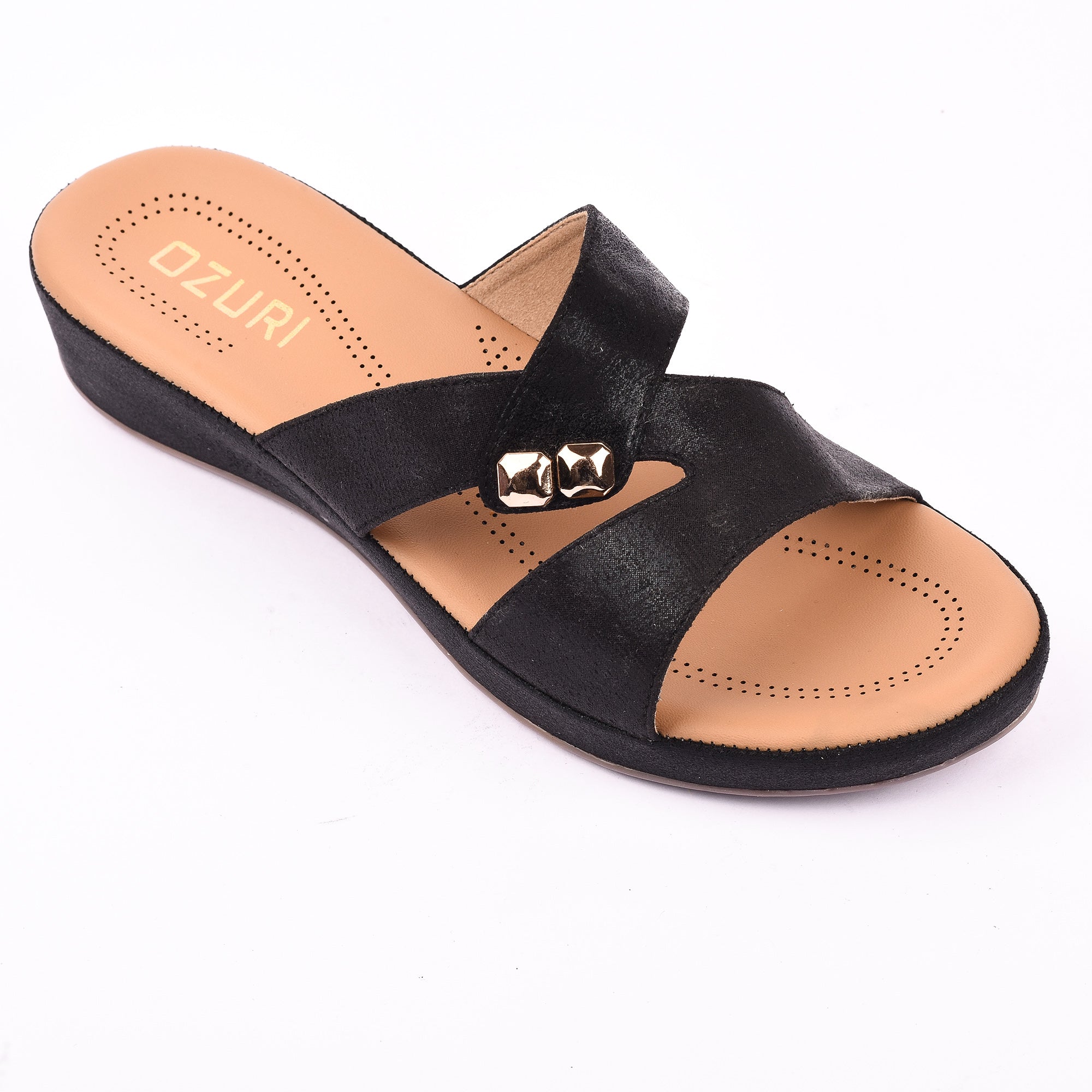 Women's Brown Cross-Strap Wedge Sandals with Gold Stud Accents