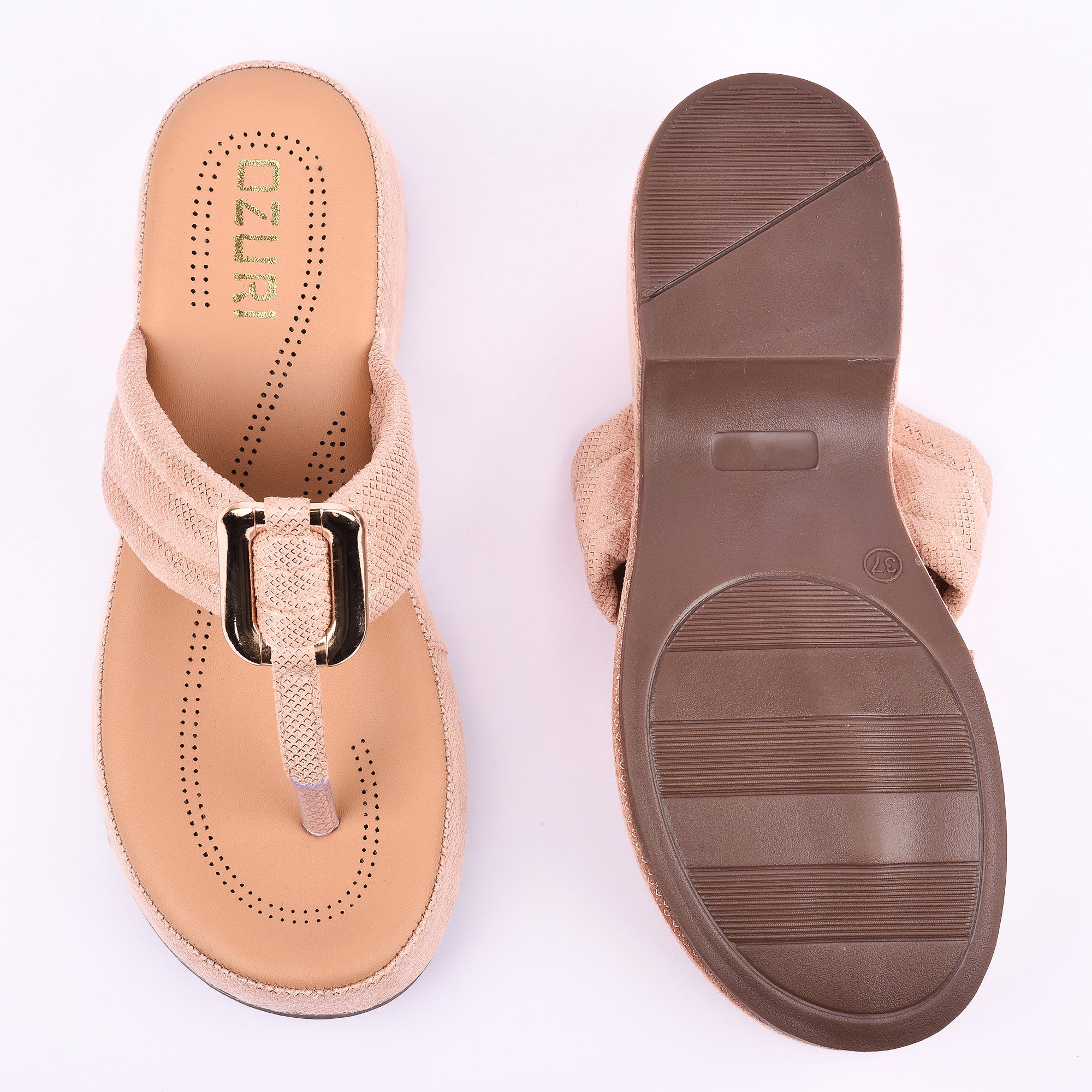 Women's Elegant Grey Textured Wedge Toe-Ring Sandal with Buckle Detail