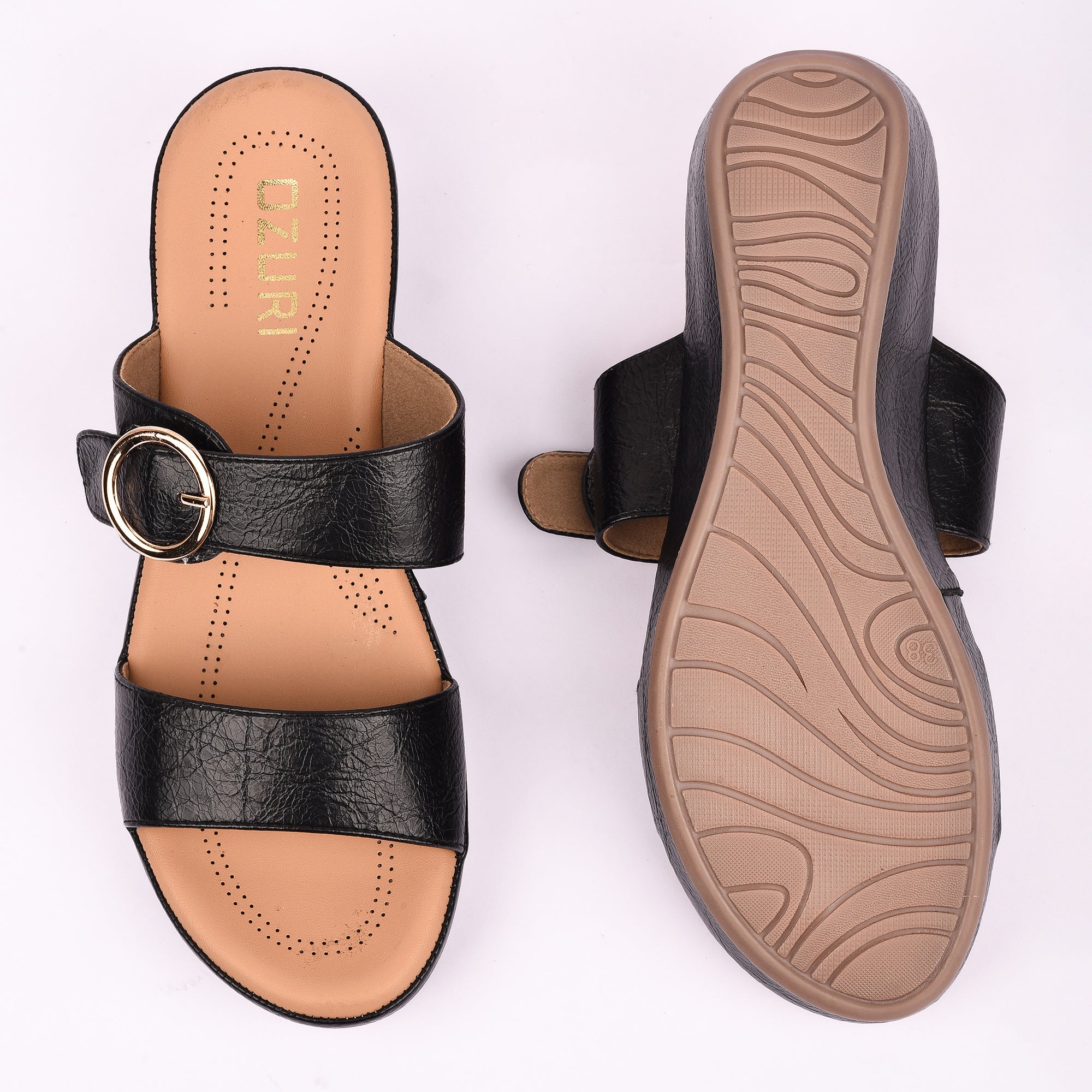 Women’s Slip-On Wedge Sandals with Double Strap and Buckle Detail