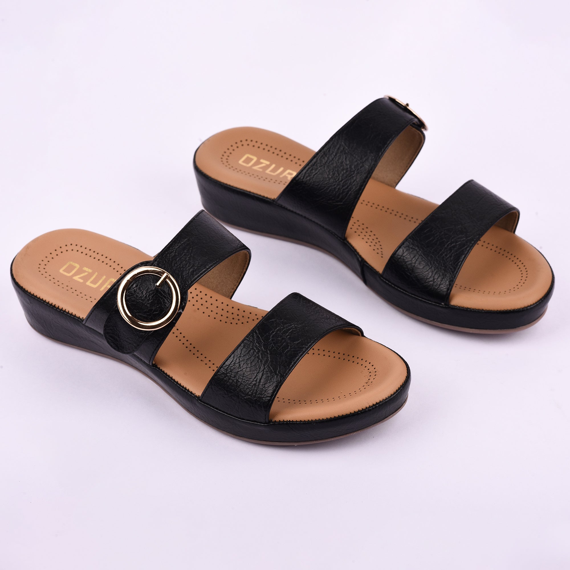 Women’s Slip-On Wedge Sandals with Double Strap and Buckle Detail