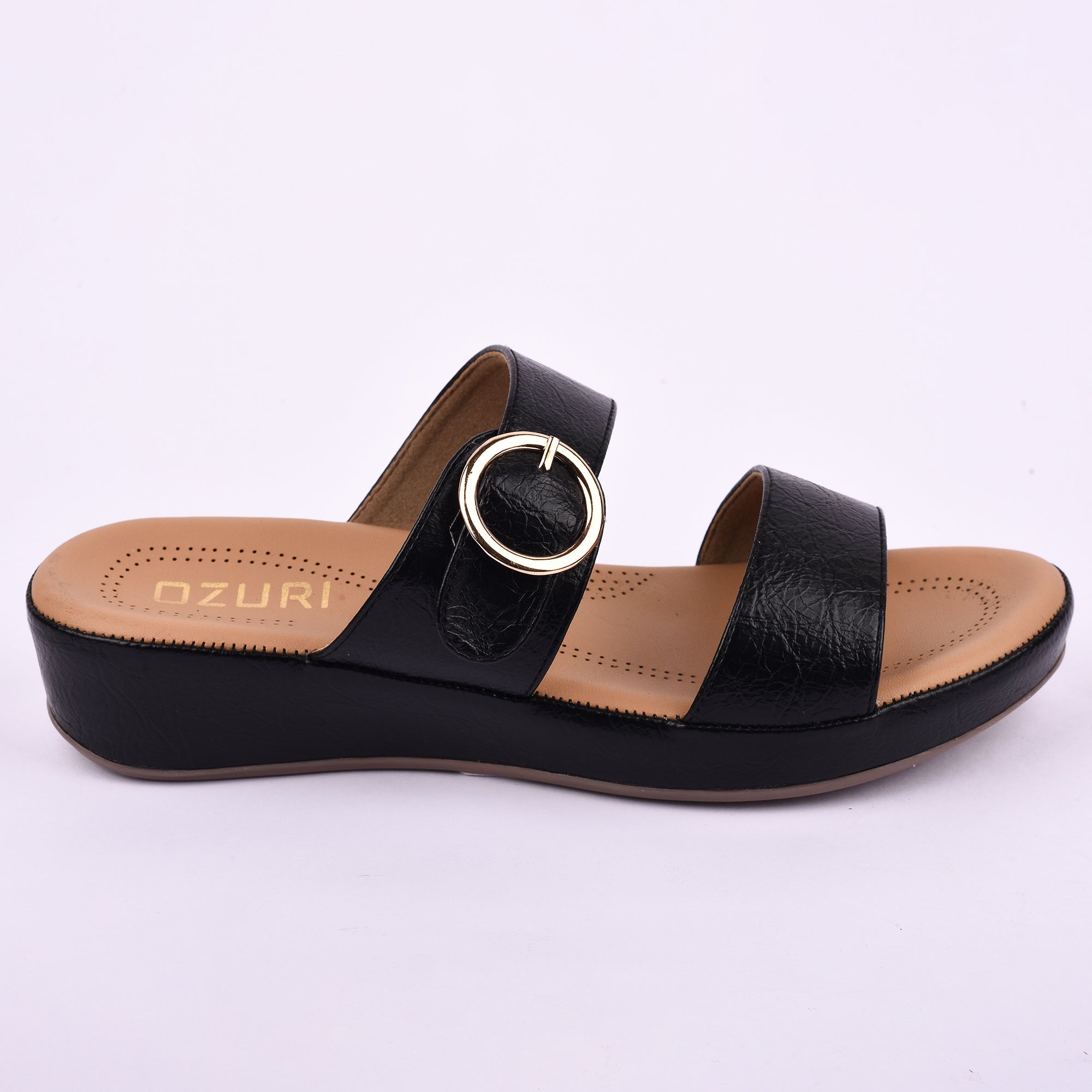 Women’s Slip-On Wedge Sandals with Double Strap and Buckle Detail