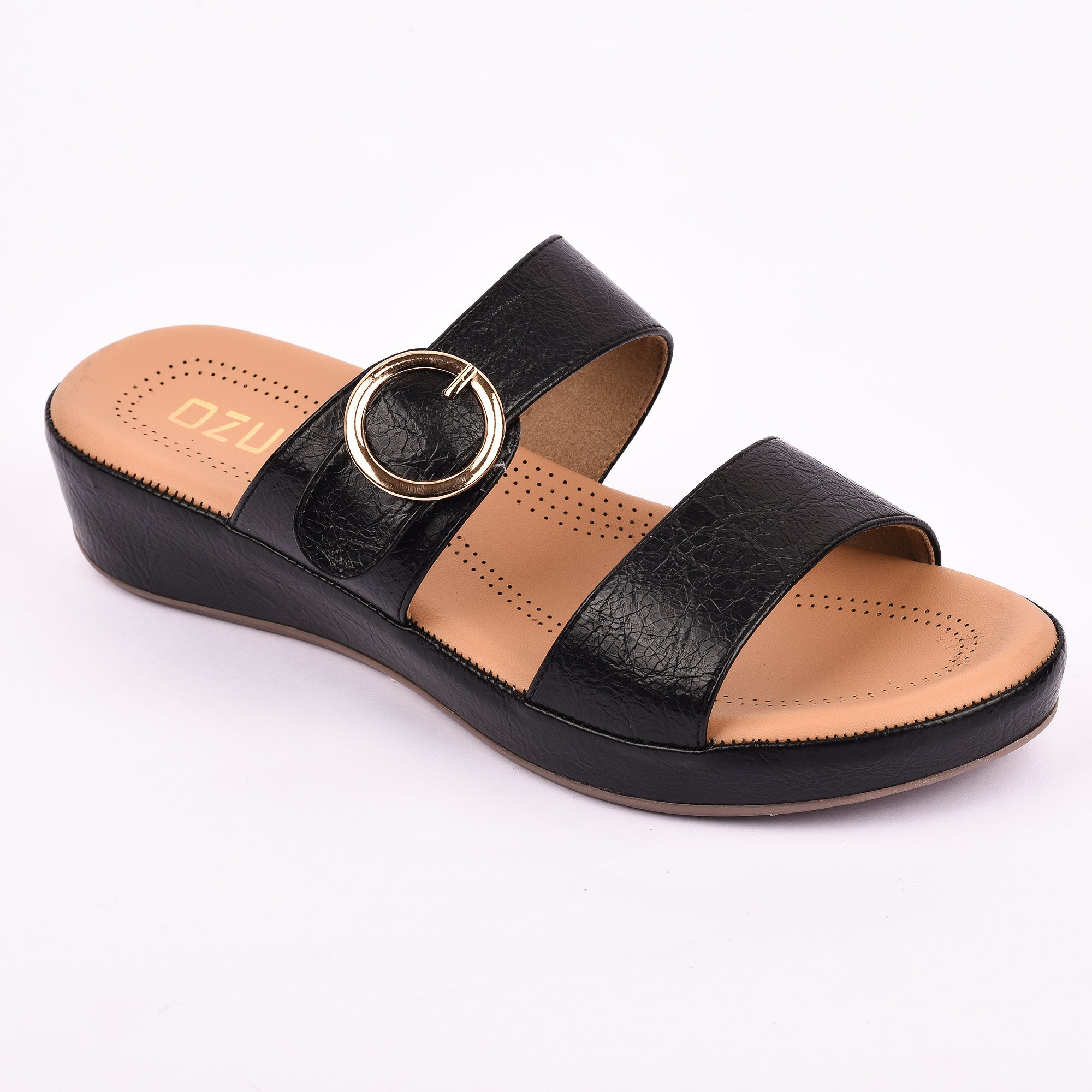 Women’s Slip-On Wedge Sandals with Double Strap and Buckle Detail