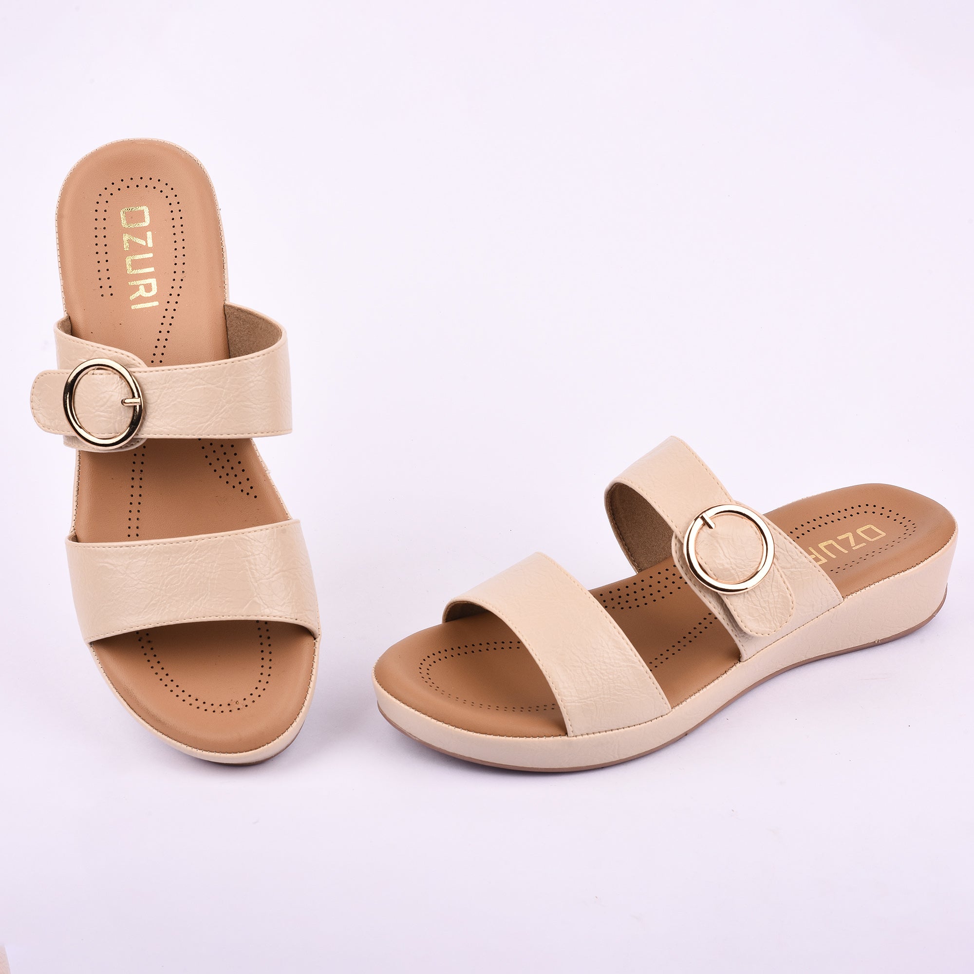 Women’s Slip-On Wedge Sandals with Double Strap and Buckle Detail