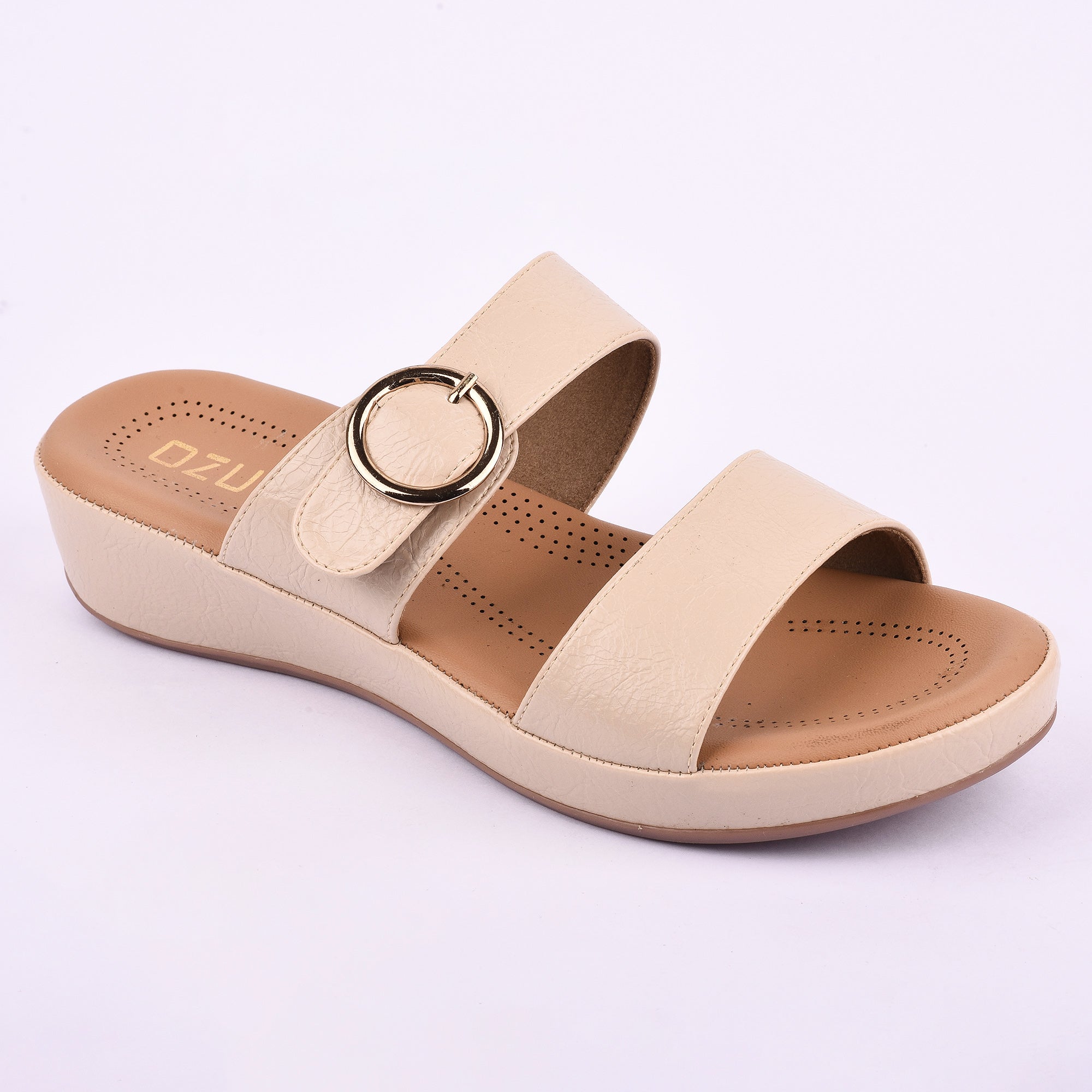Women’s Slip-On Wedge Sandals with Double Strap and Buckle Detail
