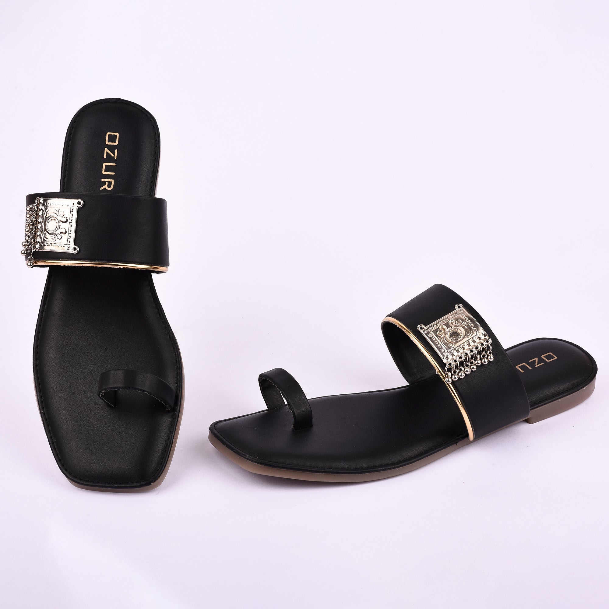 Stylish Ethnic Toe Ring Flat Sandal with Metallic Embellishment