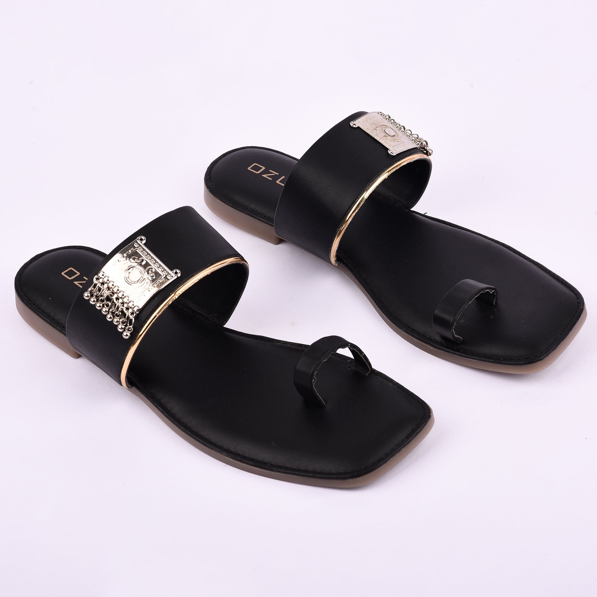 Stylish Ethnic Toe Ring Flat Sandal with Metallic Embellishment