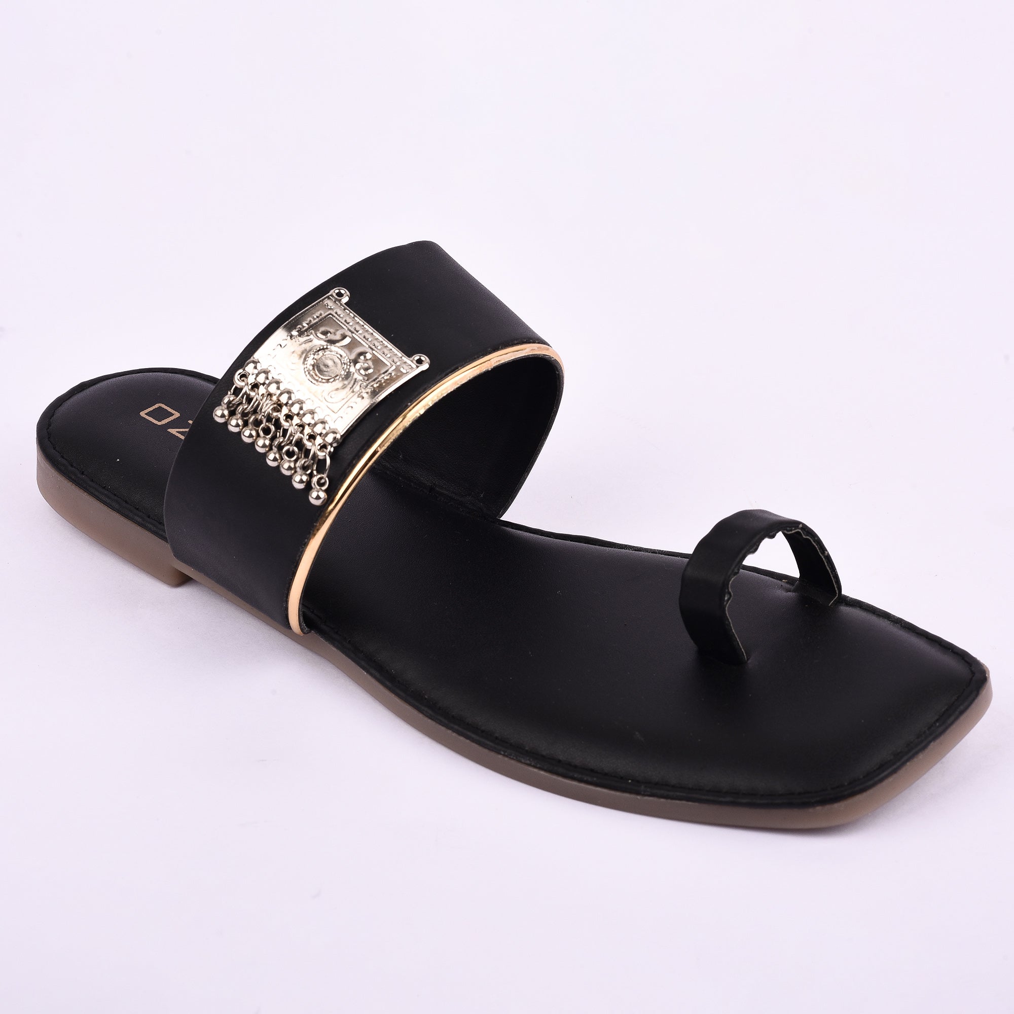 Stylish Ethnic Toe Ring Flat Sandal with Metallic Embellishment