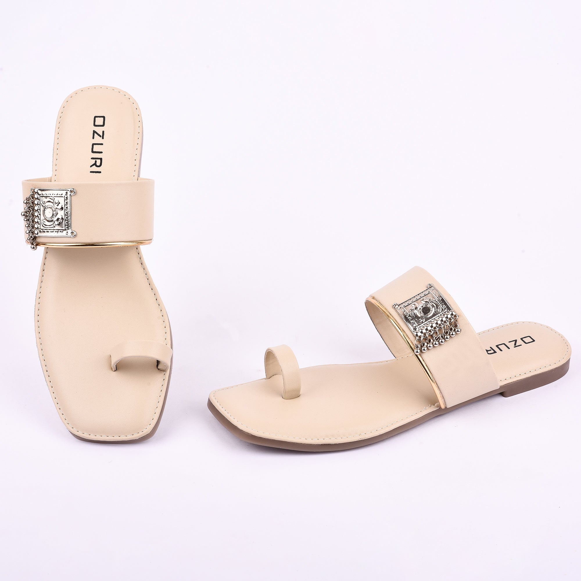 Stylish Ethnic Toe Ring Flat Sandal with Metallic Embellishment