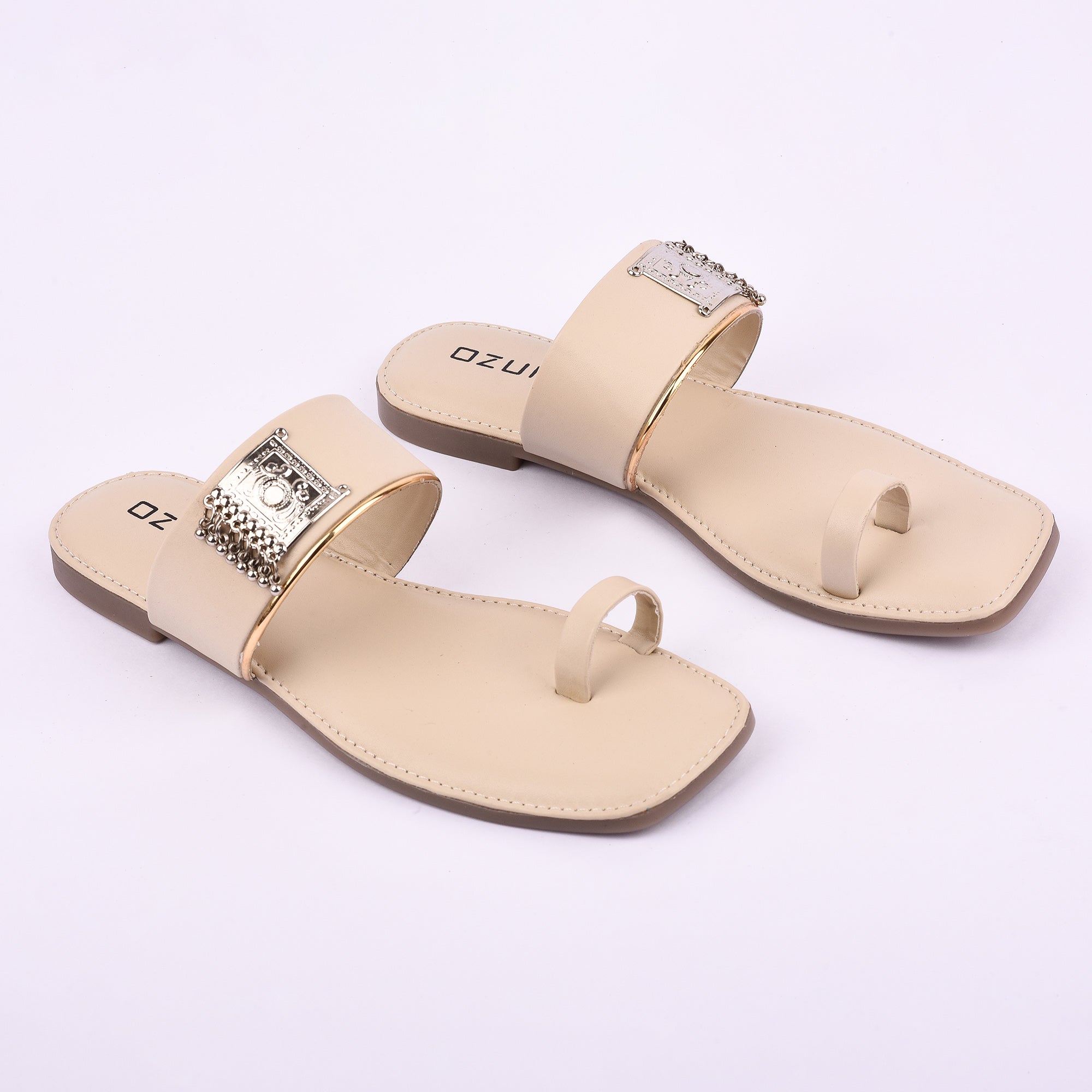 Stylish Ethnic Toe Ring Flat Sandal with Metallic Embellishment