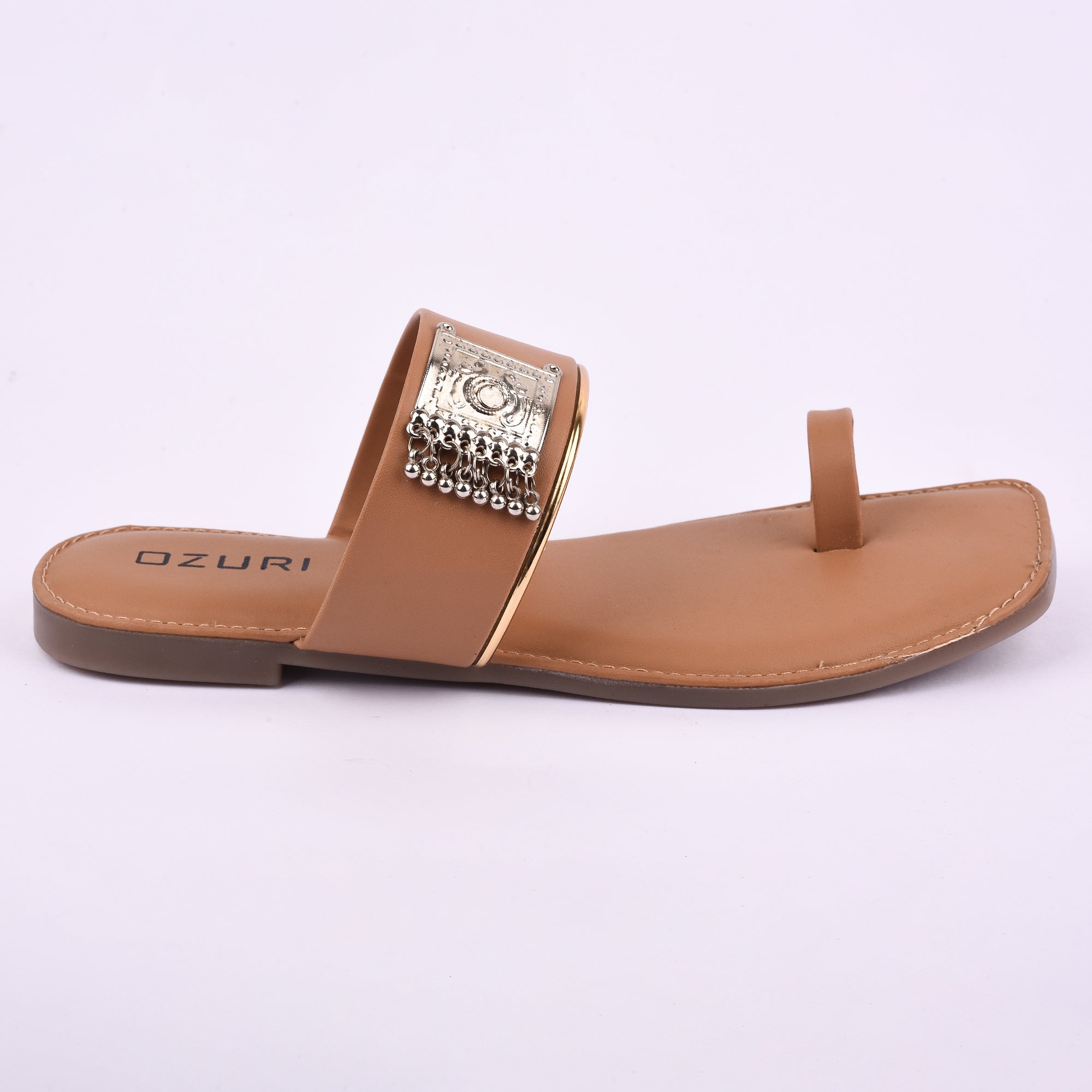 Stylish Ethnic Toe Ring Flat Sandal with Metallic Embellishment
