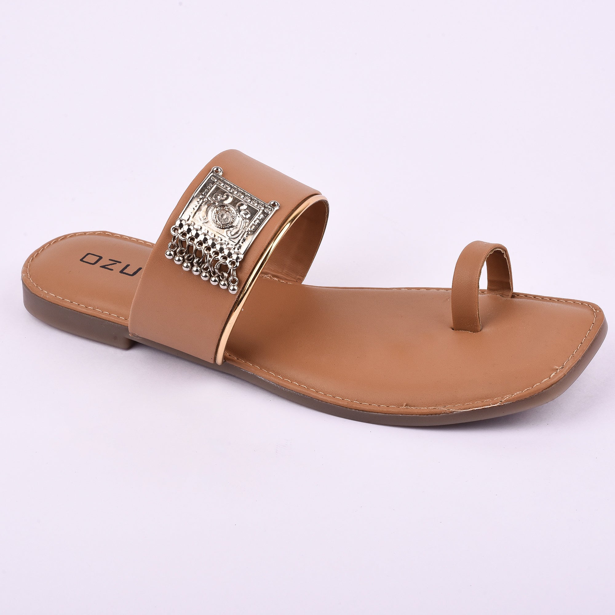 Stylish Ethnic Toe Ring Flat Sandal with Metallic Embellishment