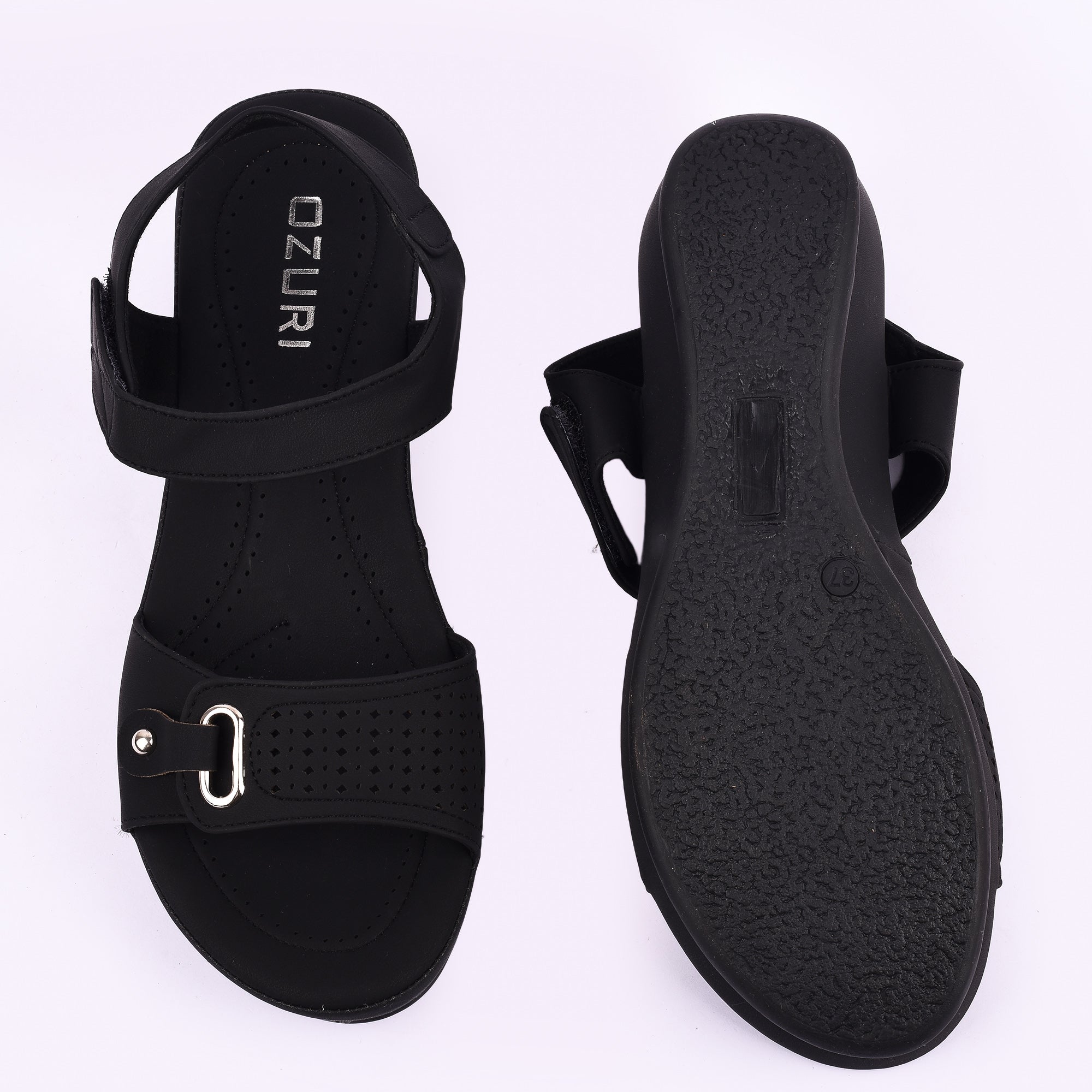 Comfort Wedge Sandal with Perforated Strap and Buckle Detail