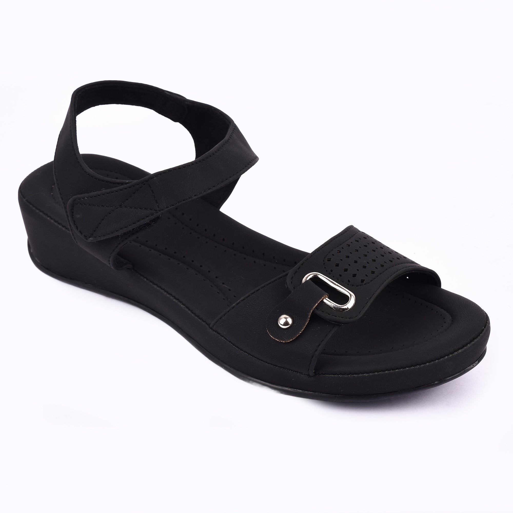 Comfort Wedge Sandal with Perforated Strap and Buckle Detail