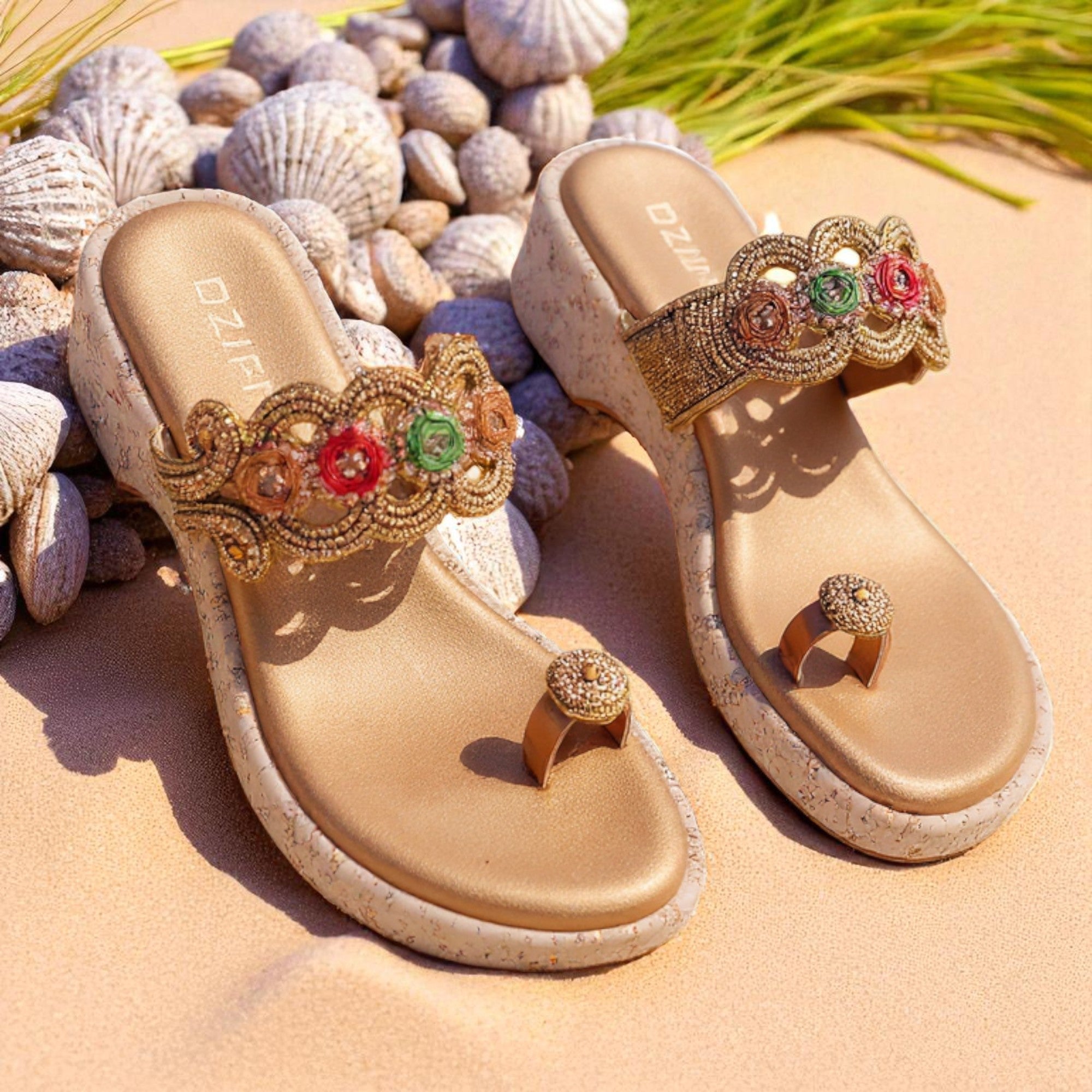 Embellished Ethnic Toe-Ring Wedge Sandals