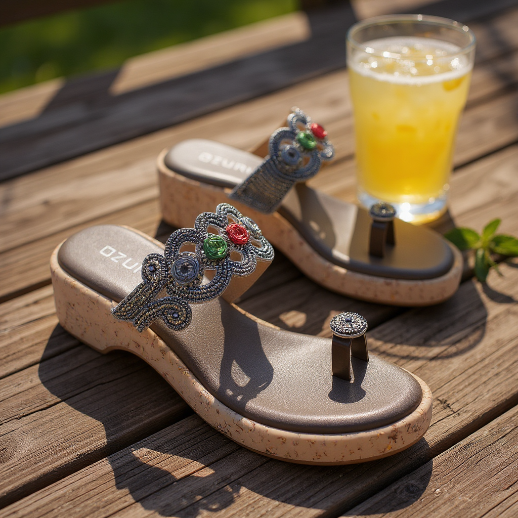 Embellished Ethnic Toe-Ring Wedge Sandals