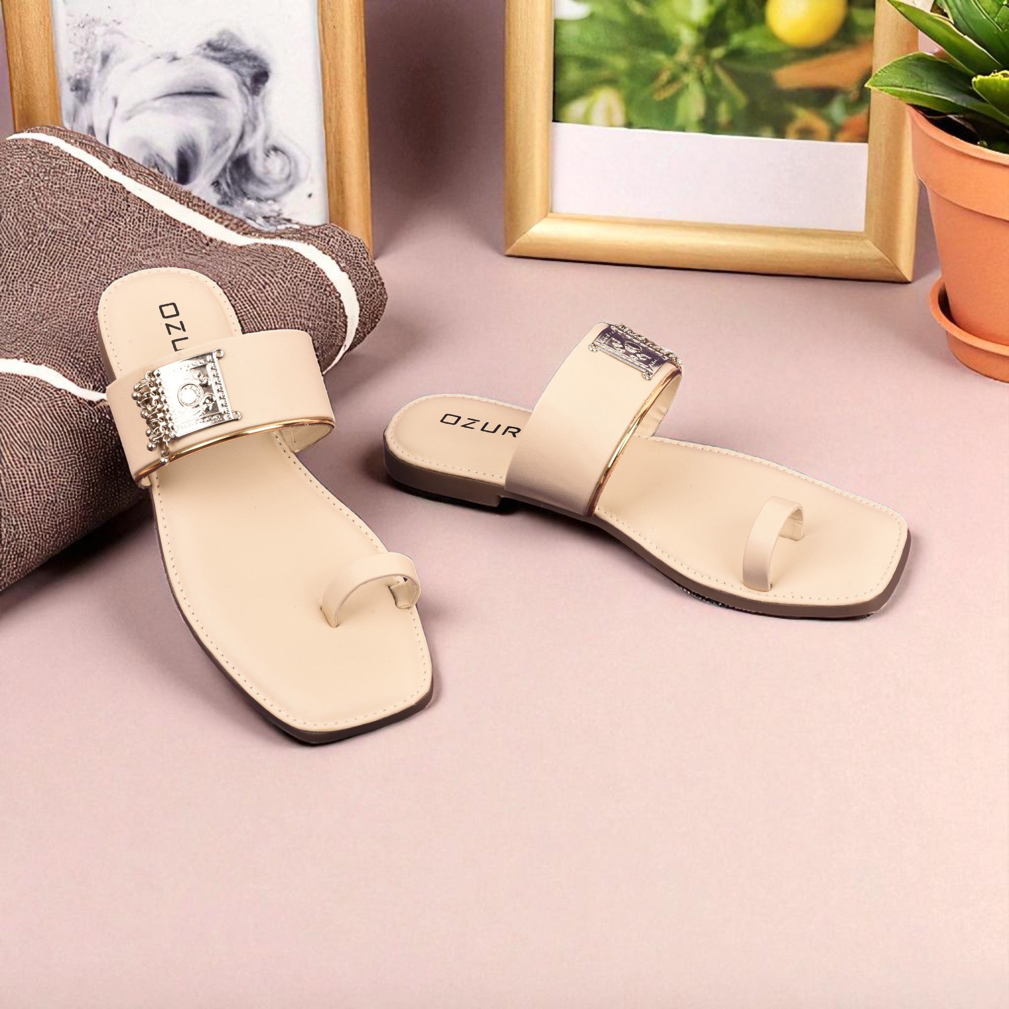 Stylish Ethnic Toe Ring Flat Sandal with Metallic Embellishment