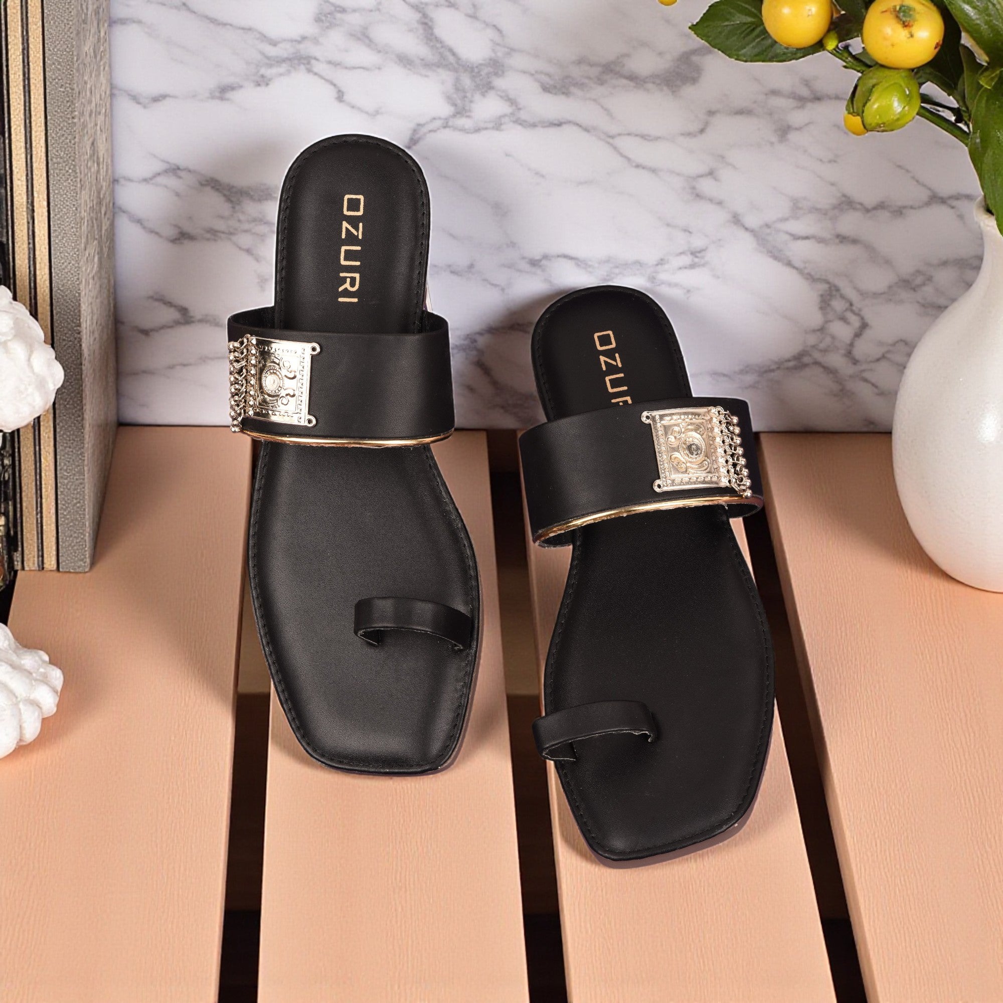 Stylish Ethnic Toe Ring Flat Sandal with Metallic Embellishment