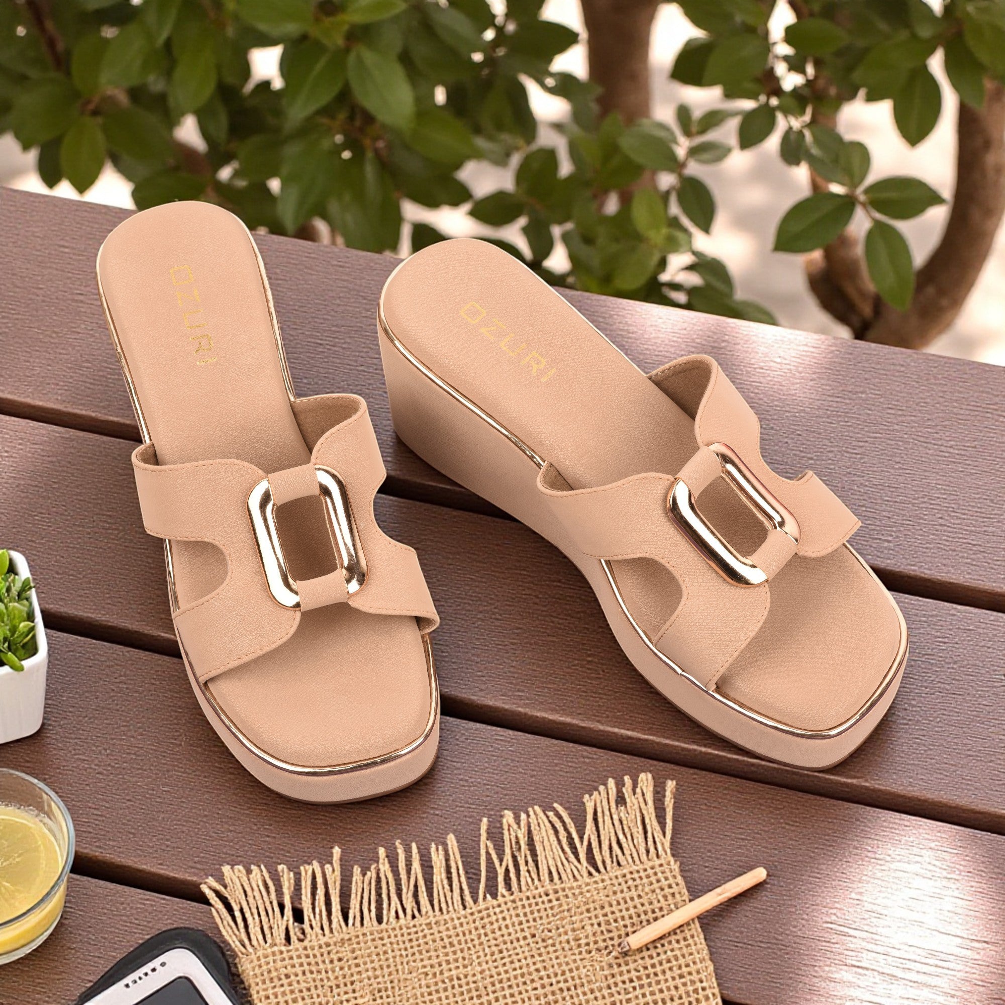 Ozuri Stylish Platform Wedge Heels with Metallic Buckle