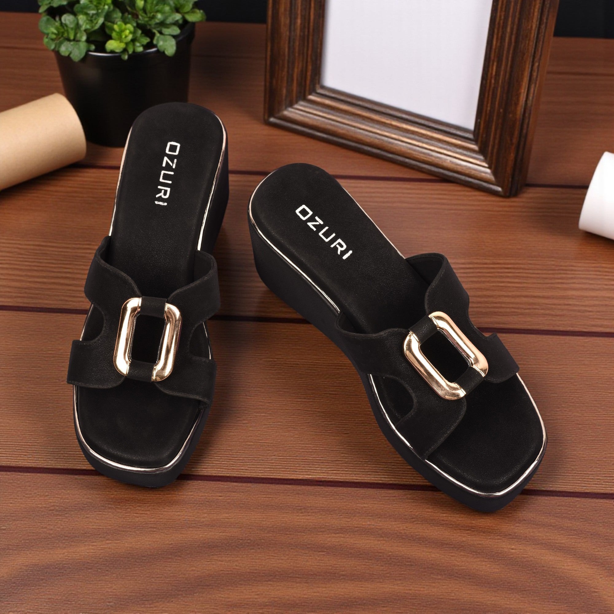 Ozuri Stylish Platform Wedge Heels with Metallic Buckle