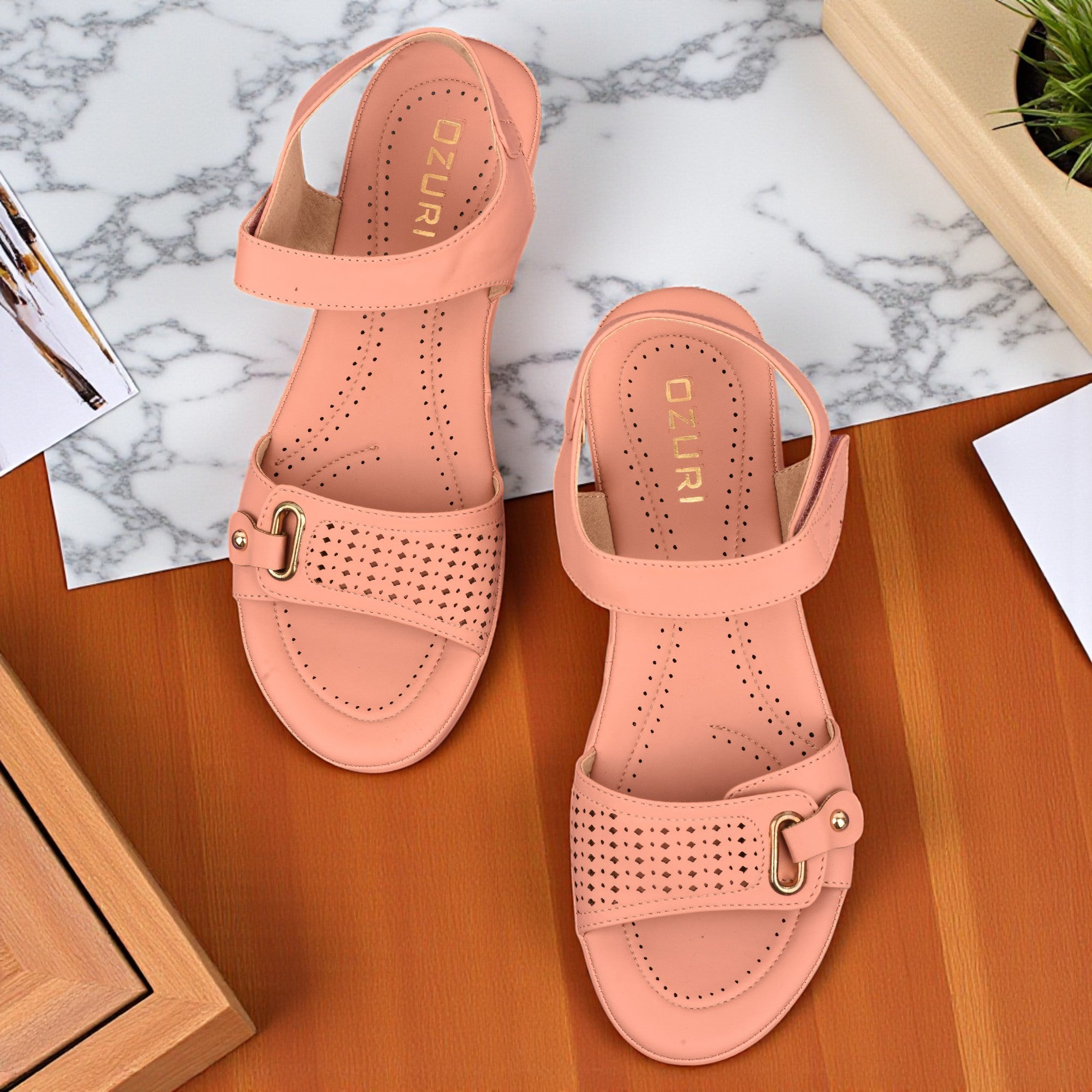 Comfort Wedge Sandal with Perforated Strap and Buckle Detail
