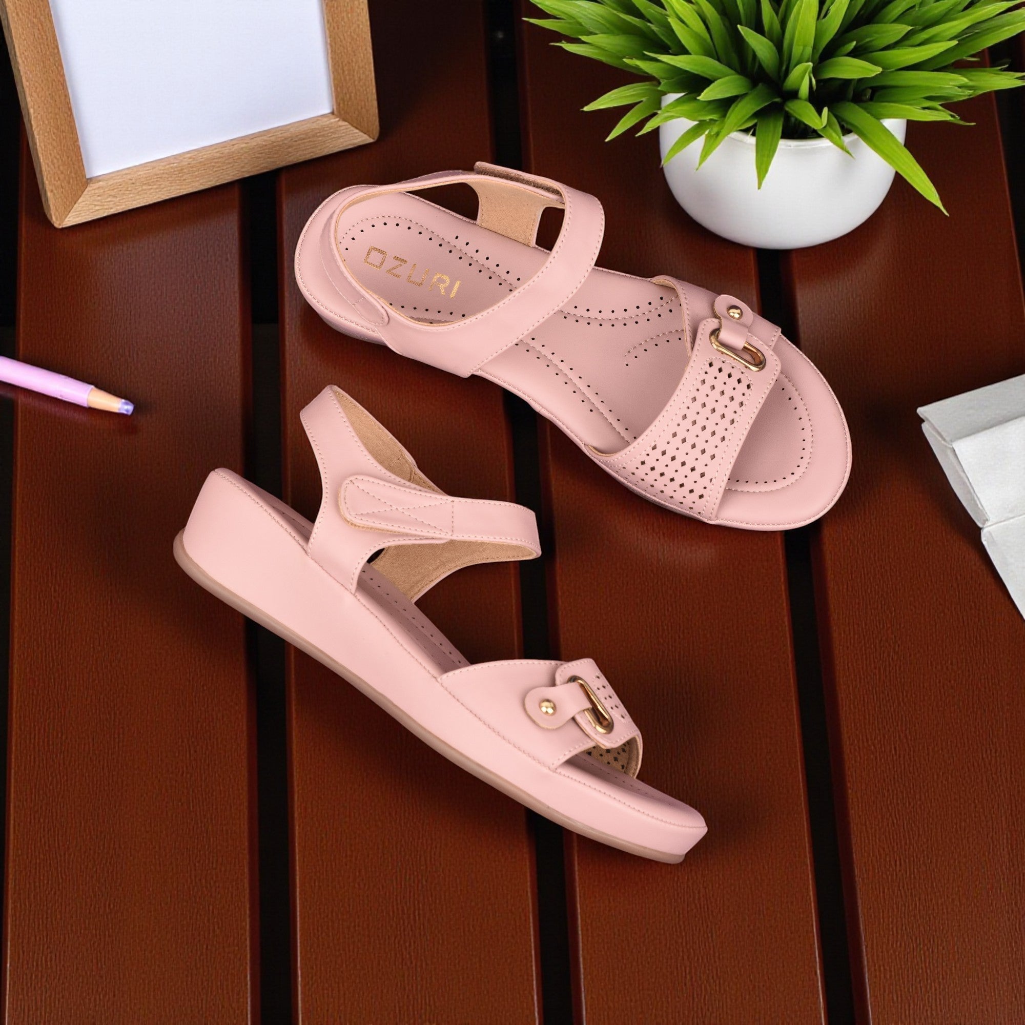 Comfort Wedge Sandal with Perforated Strap and Buckle Detail