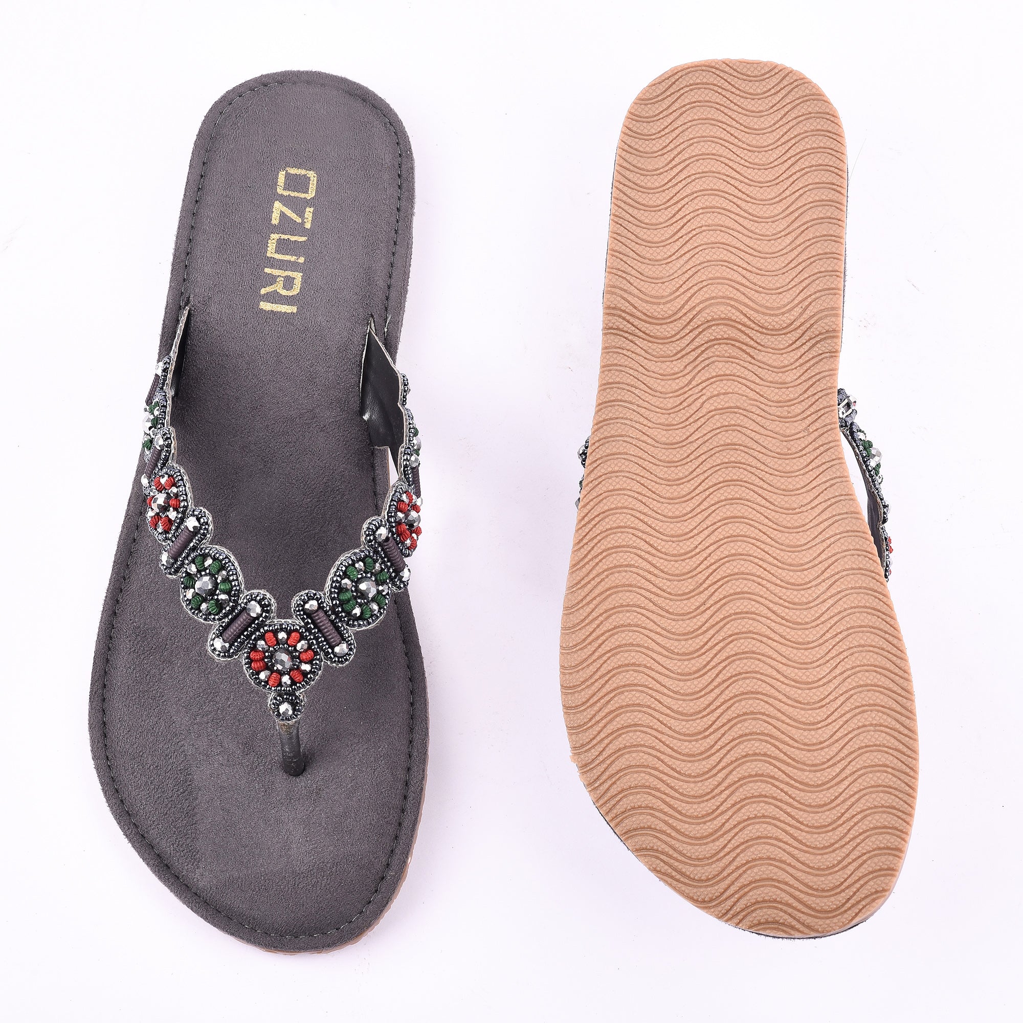 OZURI Women’s Embellished Beaded Ethnic Flats – Stylish Comfortable Slip-On Sandals(10601)