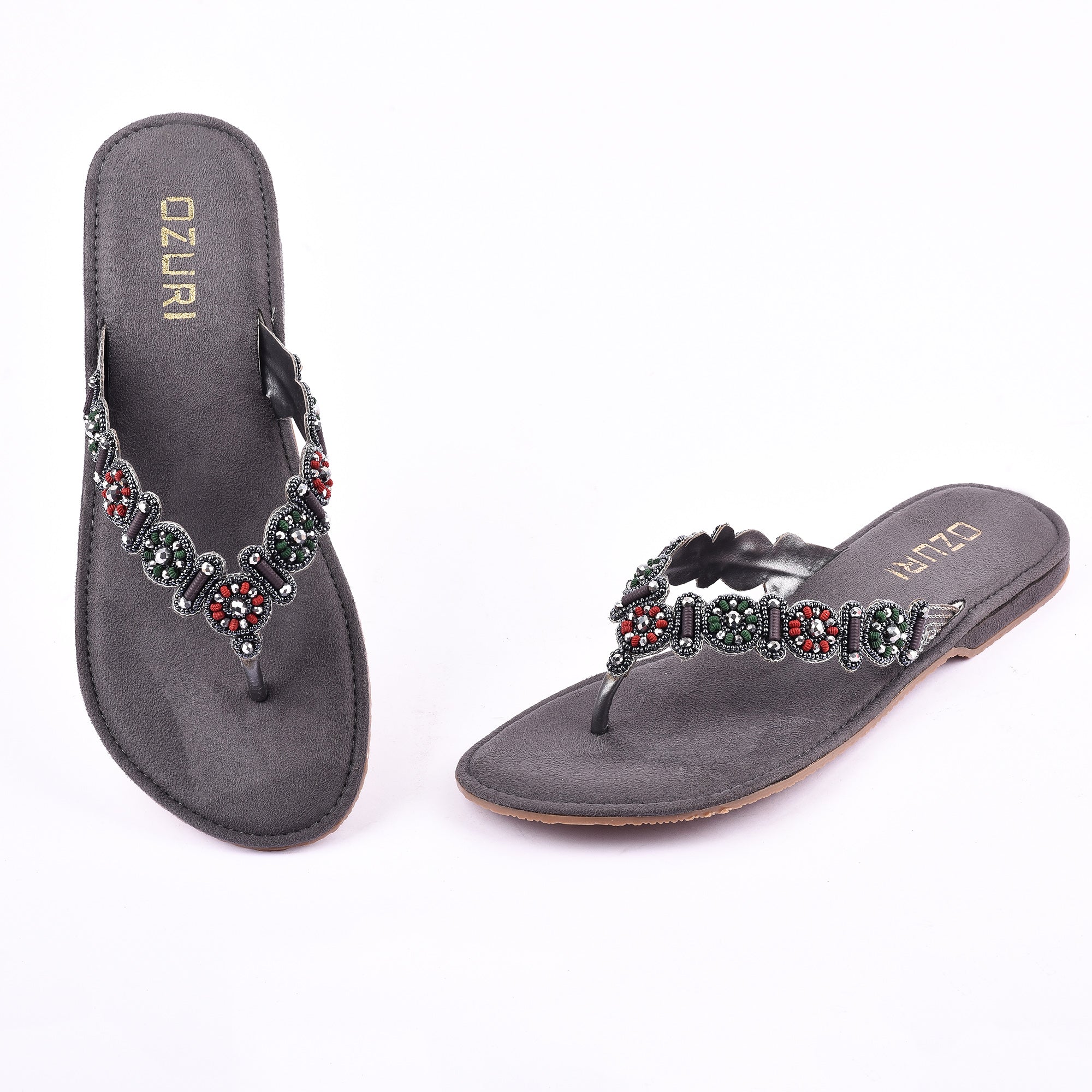 OZURI Women’s Embellished Beaded Ethnic Flats – Stylish Comfortable Slip-On Sandals(10601)