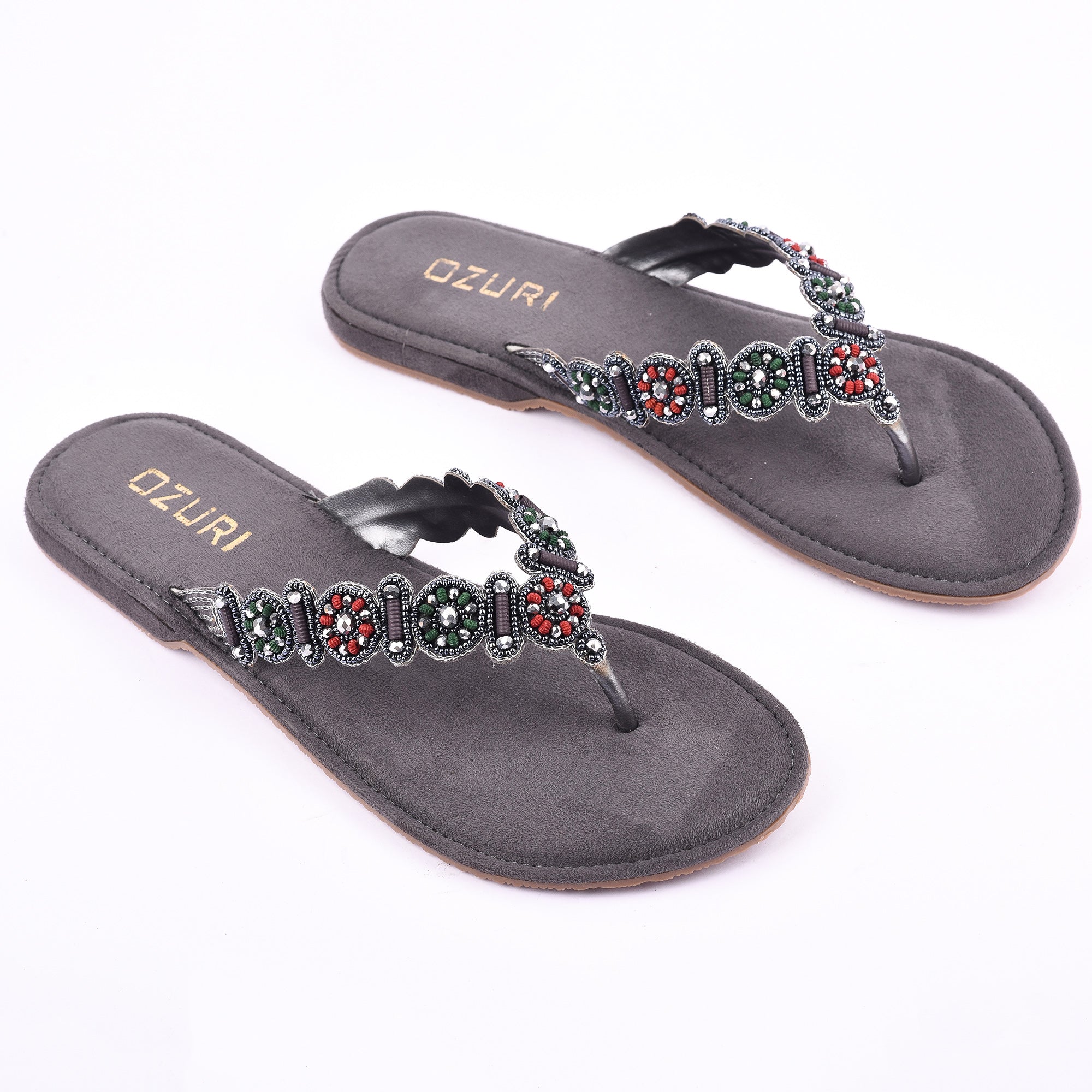OZURI Women’s Embellished Beaded Ethnic Flats – Stylish Comfortable Slip-On Sandals(10601)