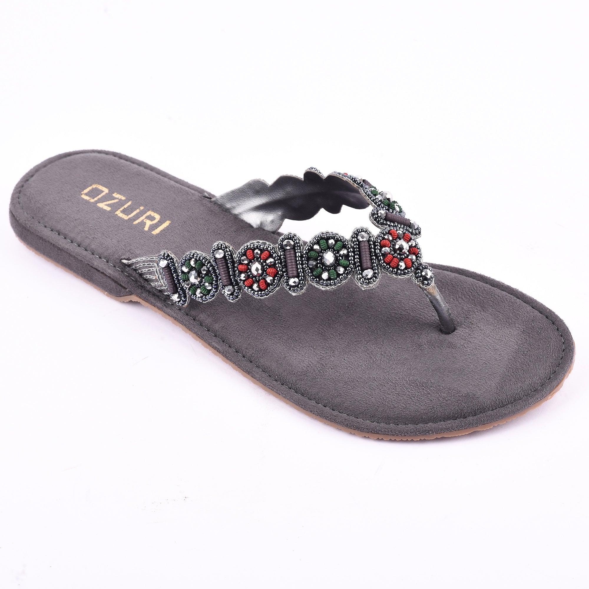 OZURI Women’s Embellished Beaded Ethnic Flats – Stylish Comfortable Slip-On Sandals(10601)