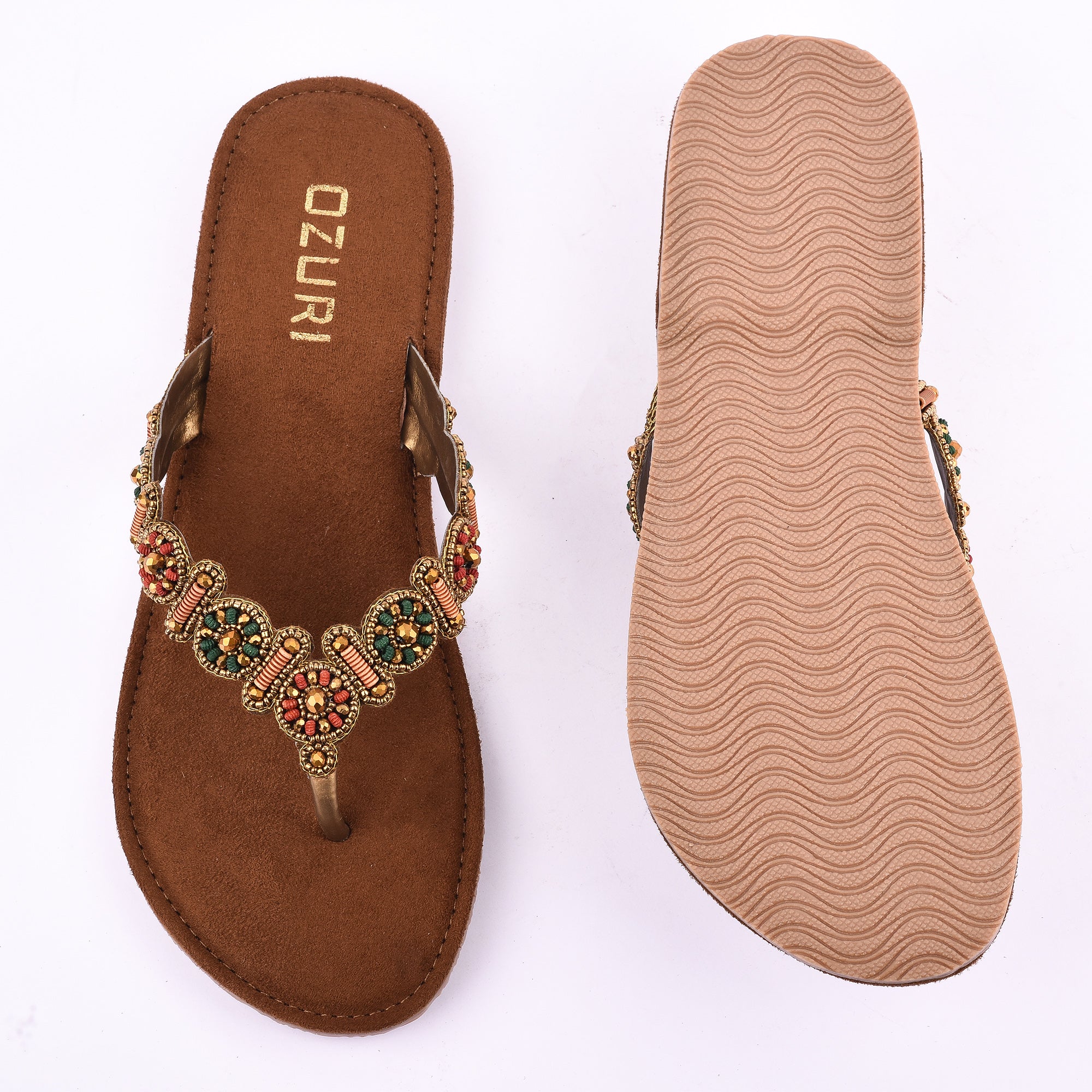 OZURI Women’s Embellished Beaded Ethnic Flats – Stylish Comfortable Slip-On Sandals(10601)