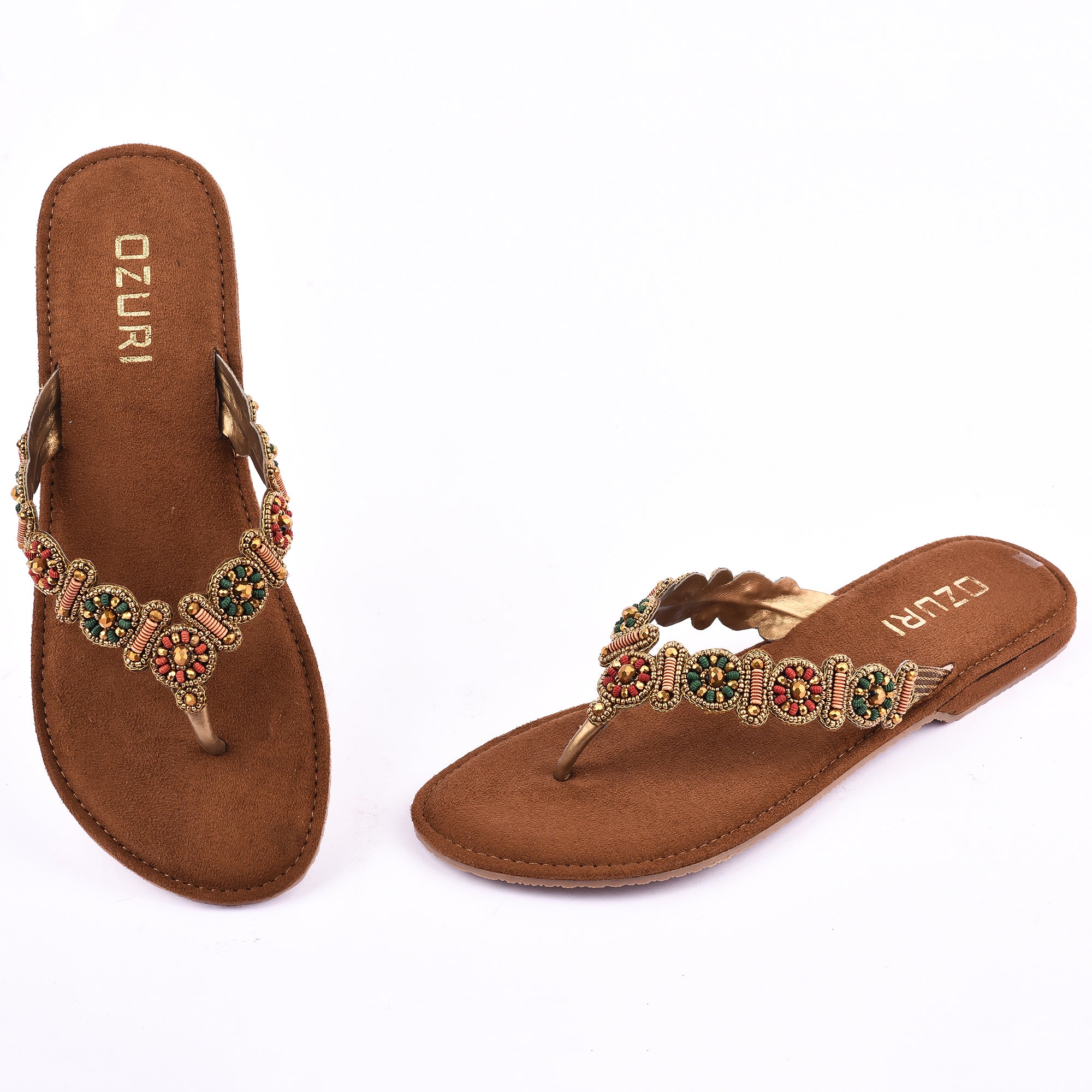 OZURI Women’s Embellished Beaded Ethnic Flats – Stylish Comfortable Slip-On Sandals(10601)