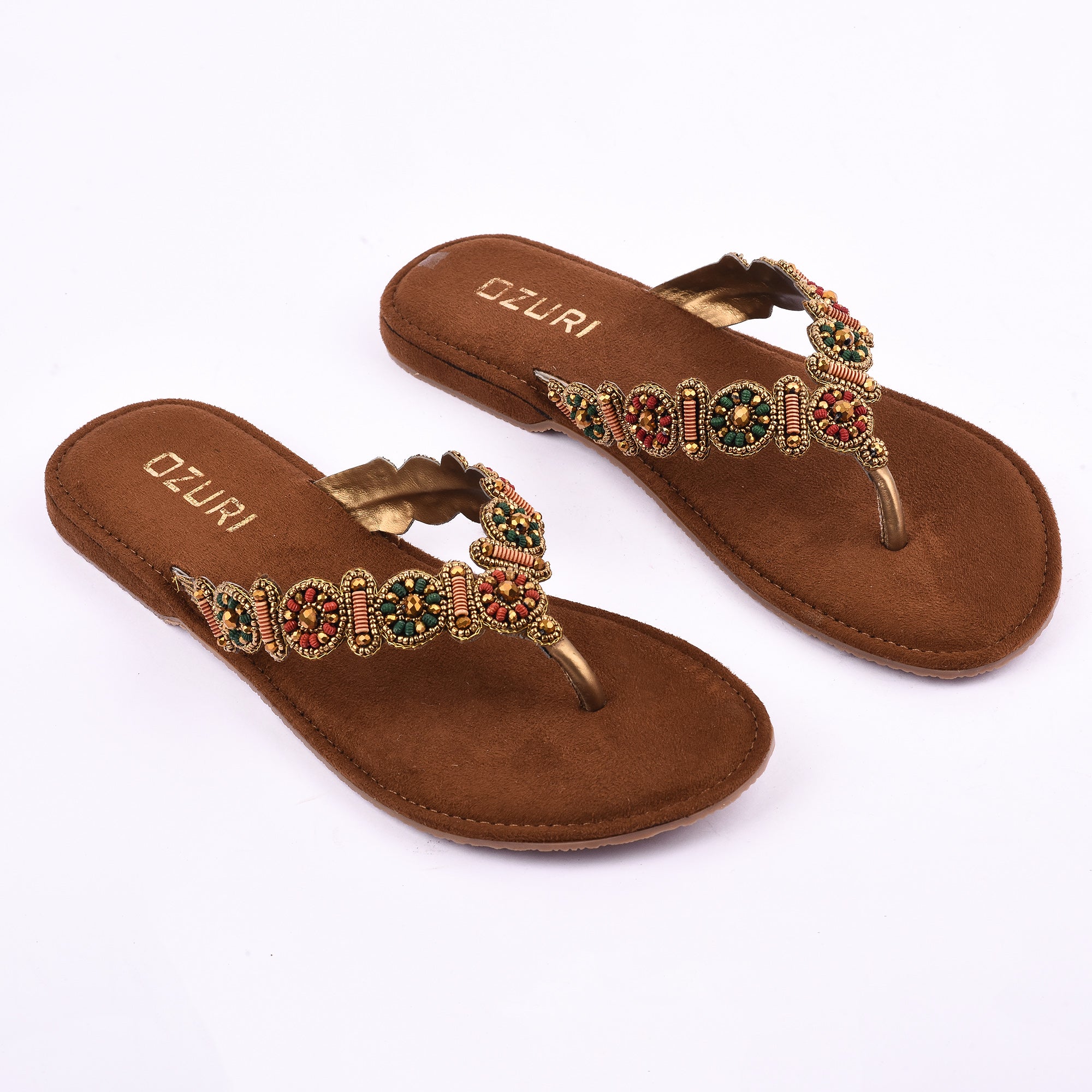 OZURI Women’s Embellished Beaded Ethnic Flats – Stylish Comfortable Slip-On Sandals(10601)