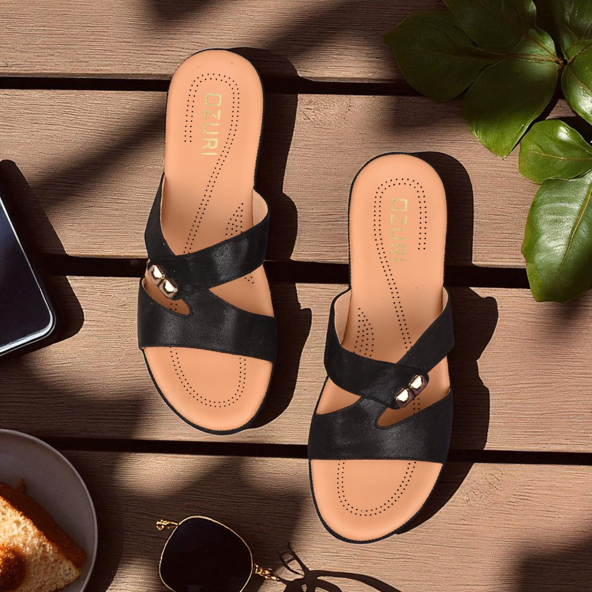 Women's Brown Cross-Strap Wedge Sandals with Gold Stud Accents