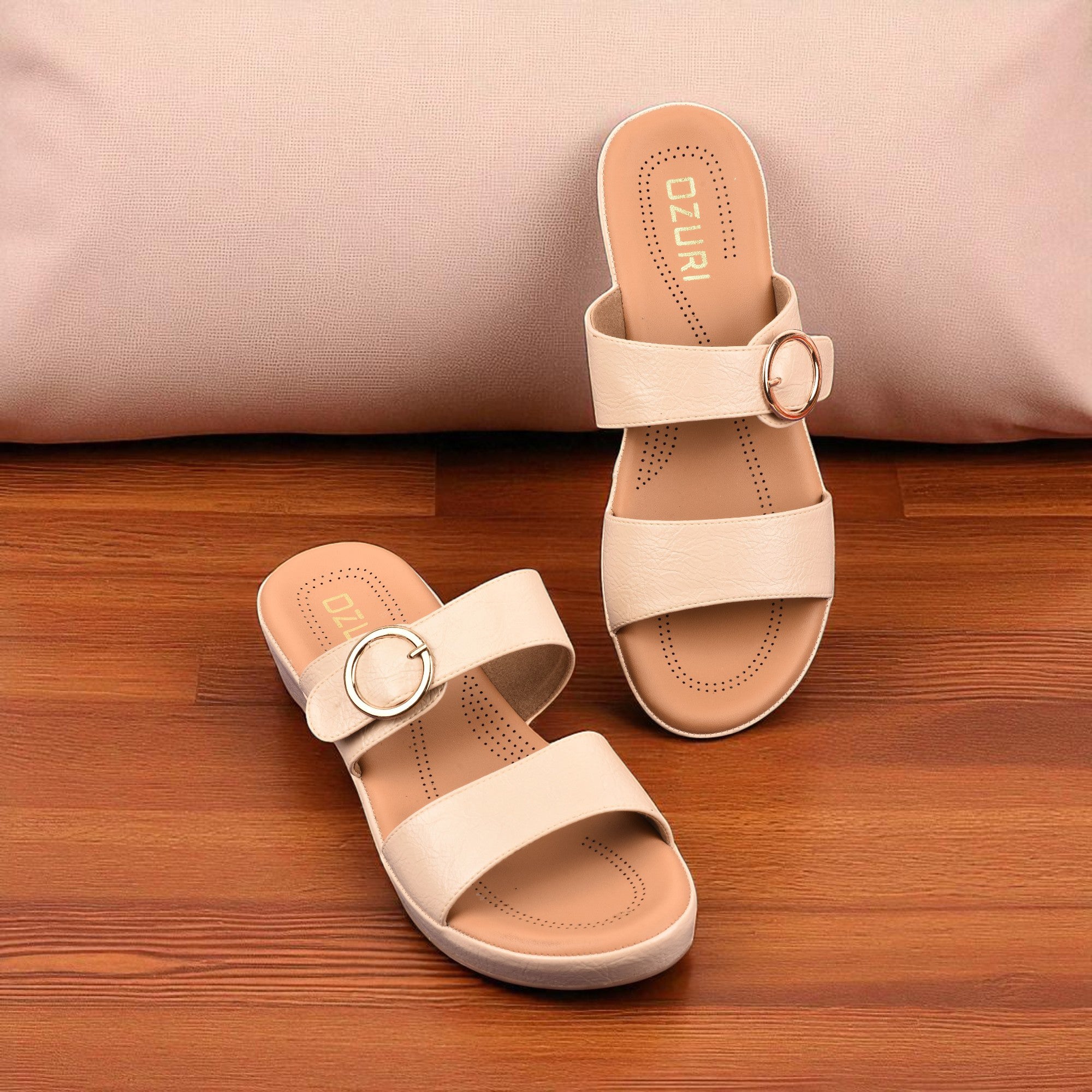 Women’s Slip-On Wedge Sandals with Double Strap and Buckle Detail
